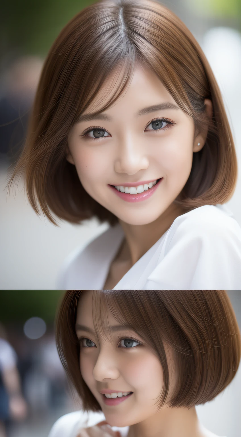 top-quality、masterpiece、ighly detailed、hight resolution、natural soft light、4K、超A high resolution、detailed shadow、A hyper-realistic、(Japan women)、(a smile)、kawaii、dramatic lighting、1girl in、独奏、A detailed face、realisticeyes、real looking skin、robe blanche、Beautiful hair quality、(Brown hair)(Short Bob Hair:1.5)、Detailed street fashion、White T-shirt、hotpants、Streets of Kyoto、Highly detailed facial and skin texture、A detailed eye、二重まぶた、Facial expressions that are not CG-like、portlate