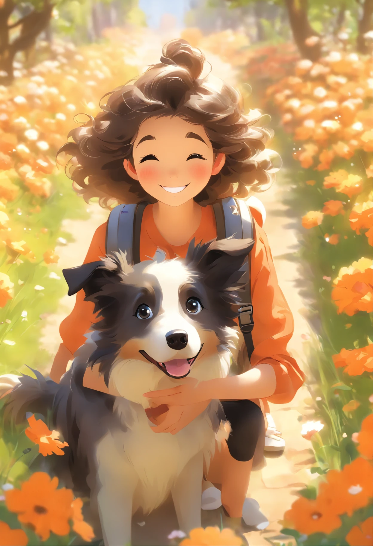 A very charming little girl with a backpack and her cute border collie puppy，Enjoy a lovely spring outing surrounded by beautiful orange flowers and nature。The illustration is a high-definition illustration in 4K resolution，With very detailed facial features and cartoon-style visuals。