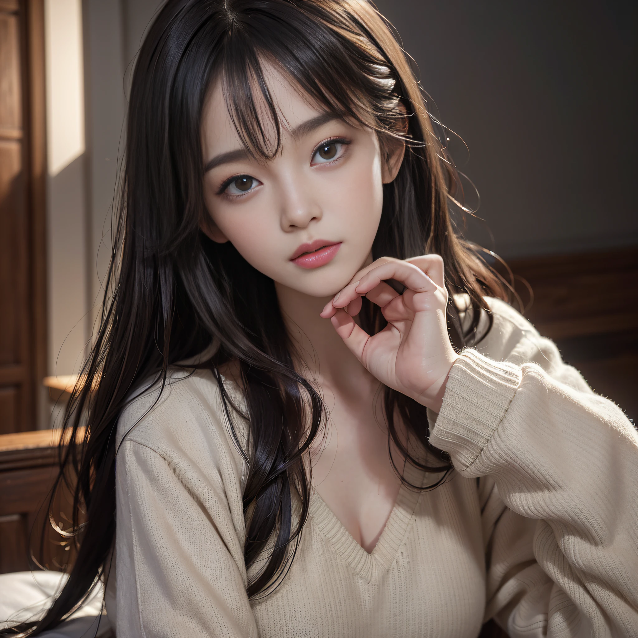 (masuter piece:1.3)、(8k、Photorealsitic、RAW Photography、top-quality: 1.4)、(1girl)、beautiful countenance、(lifelike face)、(A dark-haired、Long:1.3)、Beautiful hairstyle、Realistic solid circle eyes、Beautiful details、(real looking skin)、Beautiful skins、(Sweaters)、absurderes、enticing、超A high resolution、A hyper-realistic、high-detail、the golden ratio、super detailing