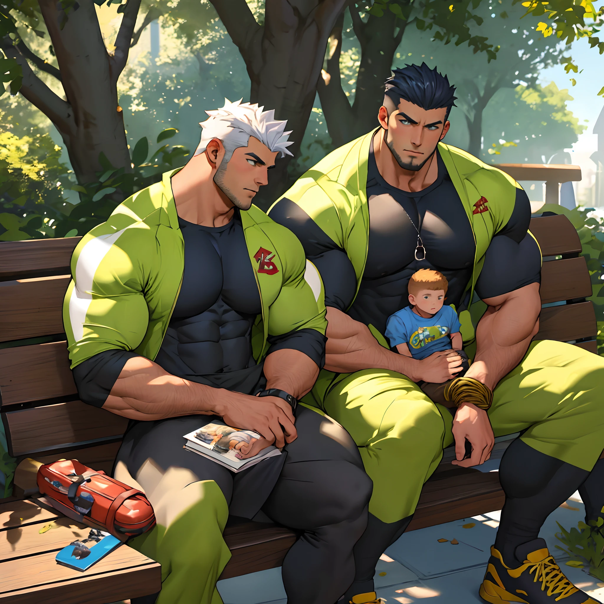 Handsome Muscular Man sitting on bench with a slim little child boy, muscular!!, muscular character, musclebound and hulking, high quality fanart, commission for high res, male art, muscular!, muscular!!!, highly detailed exquisite fanart, muscular bodies, Hairy chest, gigachad muscular, cute boy, man and child entwined together, detailed fanart