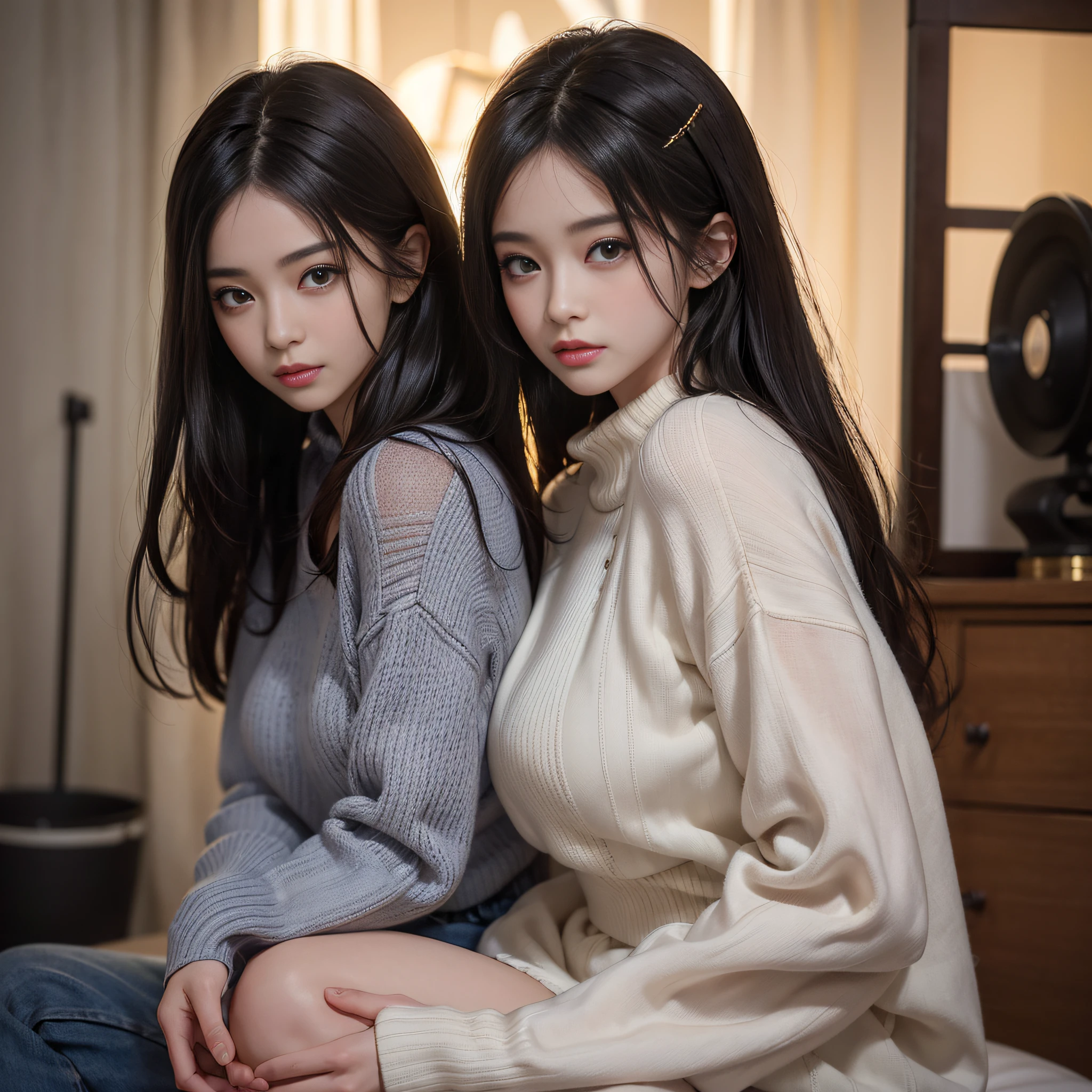 (masuter piece:1.3)、(8k、Photorealsitic、RAW Photography、top-quality: 1.4)、(1girl)、beautiful countenance、(lifelike face)、(A dark-haired、Long:1.3)、Beautiful hairstyle、Realistic solid circle eyes、Beautiful details、(real looking skin)、Beautiful skins、(Sweaters)、absurderes、enticing、超A high resolution、A hyper-realistic、high-detail、the golden ratio、super detailing