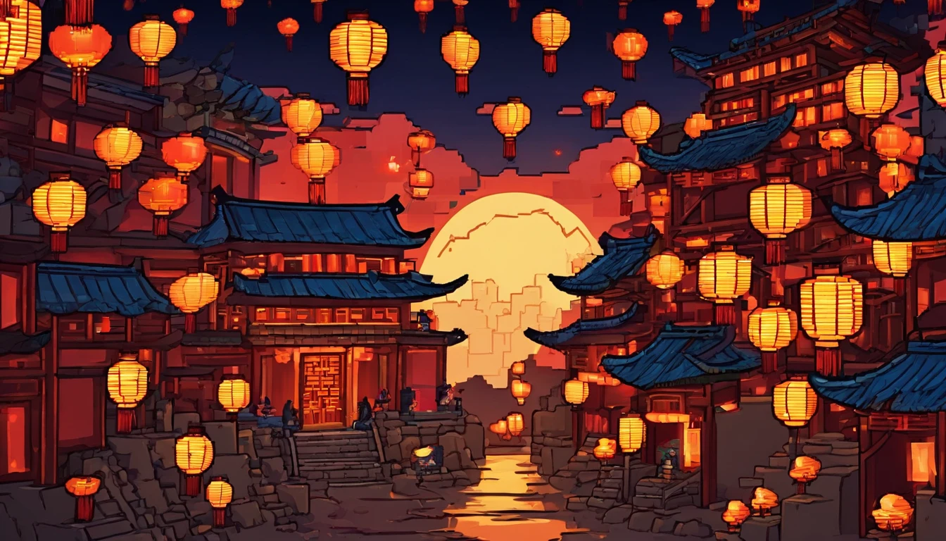 the night,Full moon in the sky,Densely packed with ancient Chinese buildings,Lanterns are hung all over