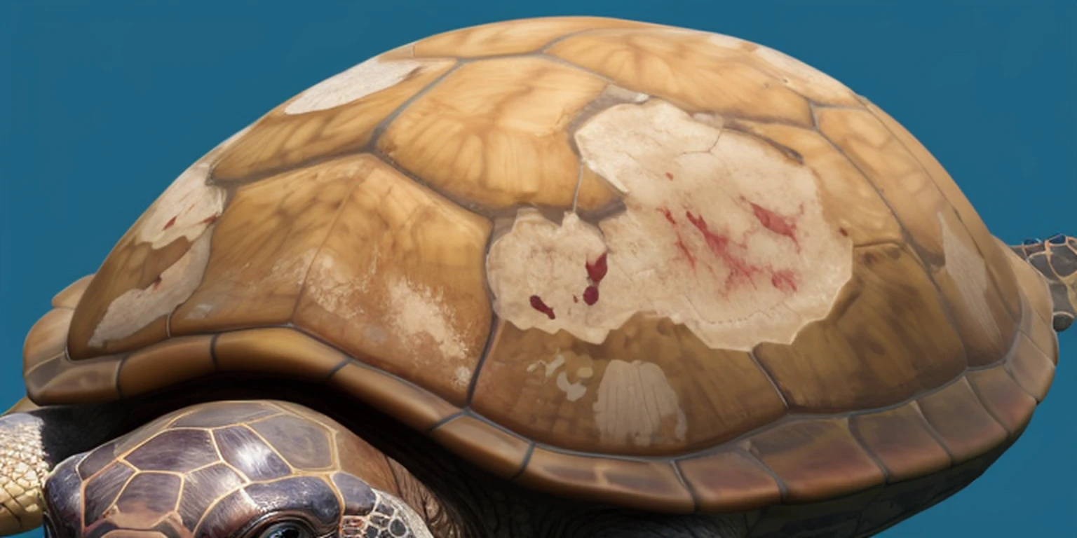 Highly detailed skin, high resolution and detail, Realistic hyper-detail, turtle, Rough turtle shell,3Drenderingof,Potholed turtle shell,Tortoise shell with blood-colored scars,Scratches,the scars,with highly detailed skin, highly detailled texture