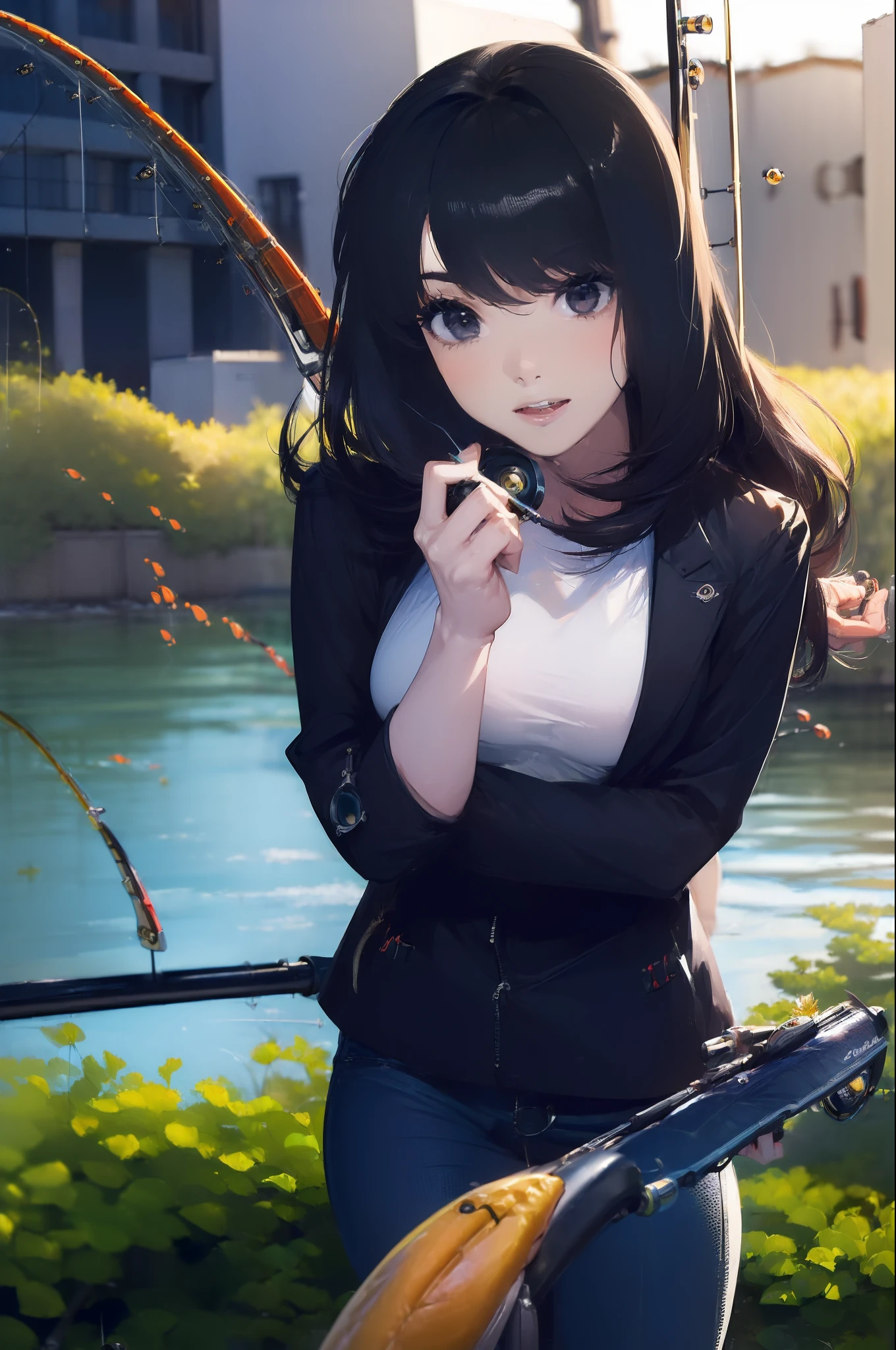 ((((Have fishing rod with a reel:1.5)))),((Female 28 years old)),((Best Quality:1.5)),(((Hands with the correct number and structure of fingers:1.4))),((lakeside:1.37)),hight resolution,ultra-detailliert,masterpiece,best qualtiy,(Eight-headed body),Black hair, long eyeslashes, Solid Circle Eyes, drop shadow, Atmospheric perspective,Super Detail, ccurate, small brest,(Black jacket and black jeans :1.1),top-quality, blurry backround, bokeh dof:1.2, (masterpiece:1.3), Atmospheric perspective,Super Detail,dynamic compositions, Ultra High Quality,