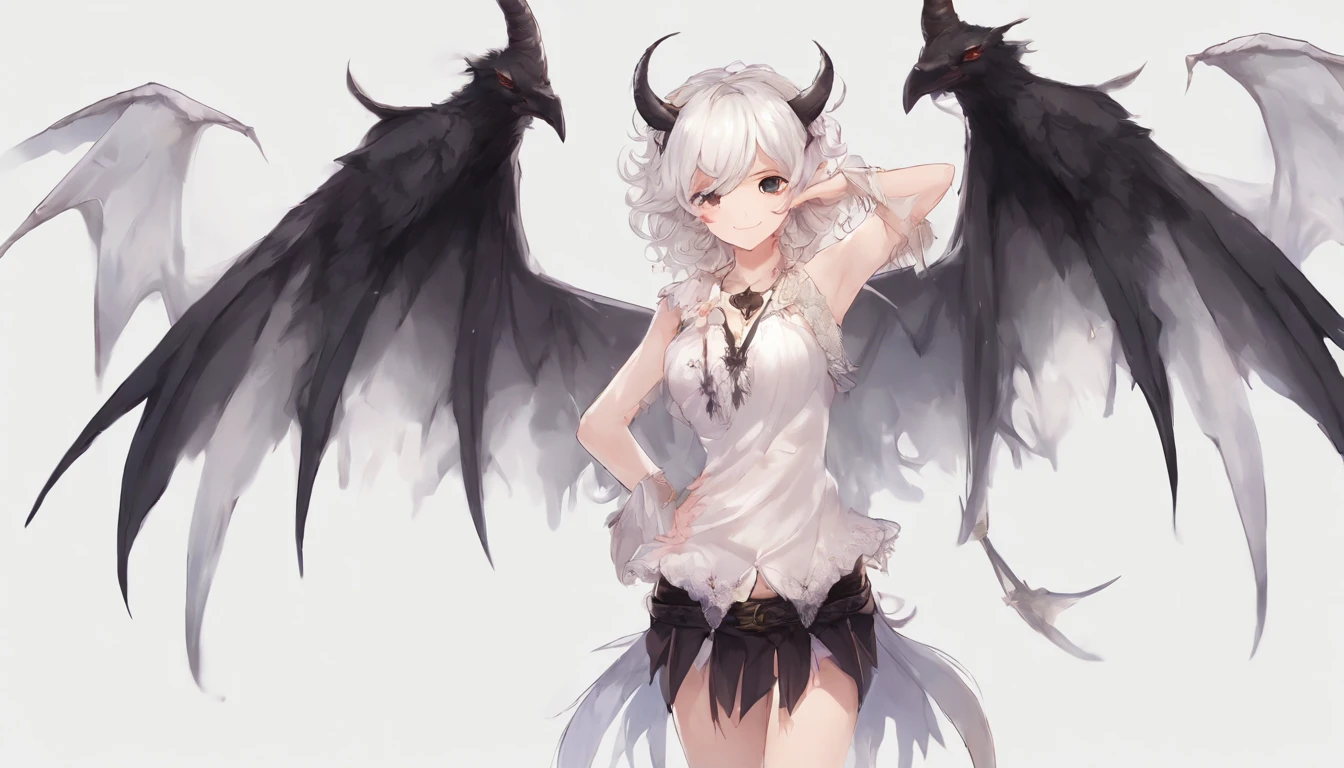 (((white_background))),simple_background,best quality ,highly detailed, masterpiece, ultra-detailed,finely detail,best shadow,illustration, (((full body shot))), (((full body portrait))),extra space at the bottom of the image, an extremely delicate and beautiful girl,(solo),blonde hair, curly_hair, short hair, light purple eyes, white wet miniskirt, black demon horns, grin, cute face, ((black demon wings around waist on both sides)), stand_stance, black nail paint