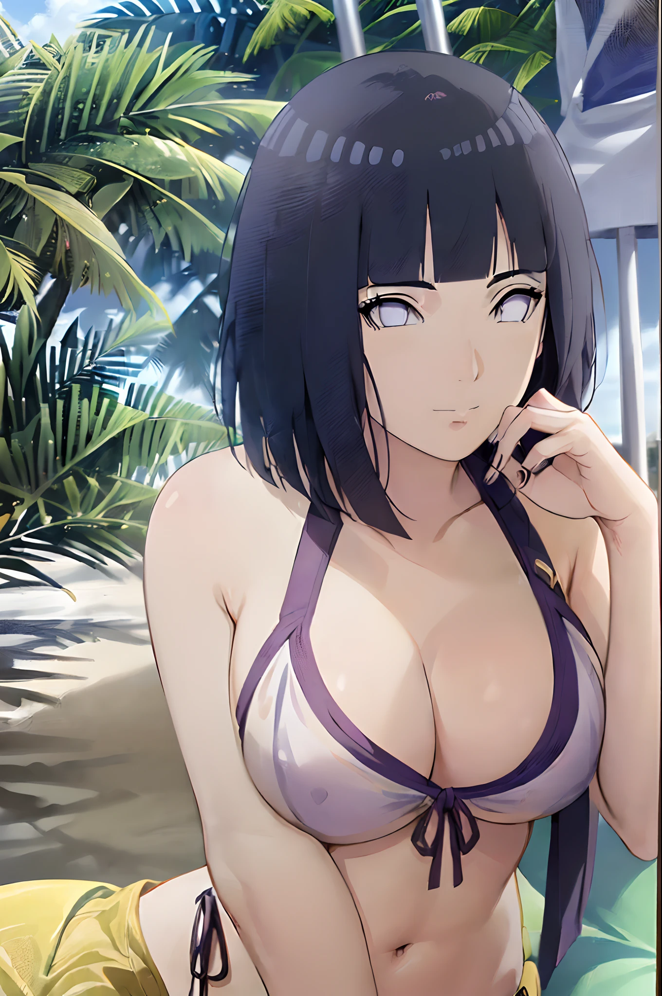 (WALLPAPER, epic style, ((scene inside big photo frame, framed photo, photograph)), (hinata\(boruto\), (((transparent bikini))), masterpiece, 4k, vector coloring, whole body shot, (high color saturation), contrast lighting, mature female, (curvy:0.8), solo, anime style, sharp focus, professional artwork, intricate details, colorful, vibrant colors, vivid colors, digital blending, ultra detailed body, ultra detail hair, ultra detail face, trending on pixiv, very hot colors, (((beach background, outdoors))), detailed bold arm lines, high color saturation, bold lines, bold drawing lines),
((sexy pose)), (head tilt), closed mouth, kind smile, cute look, cute, cute face),
((dark blue hair color:1.1), wavy hair, ((short hair, hime cut)),
(perfect eyes, white sciera, bright eyes, white eyes, anime eyes, smoky eyeliner, eyeshadow)
(white skin, (fair skin), slender body, milf, perfect face),
(legs, big breasts, off-shoulders, (detailed shoulders, detailed arm lines, little biceps lines)),
(bare shoulders, bare legs, (both hands on boobs),