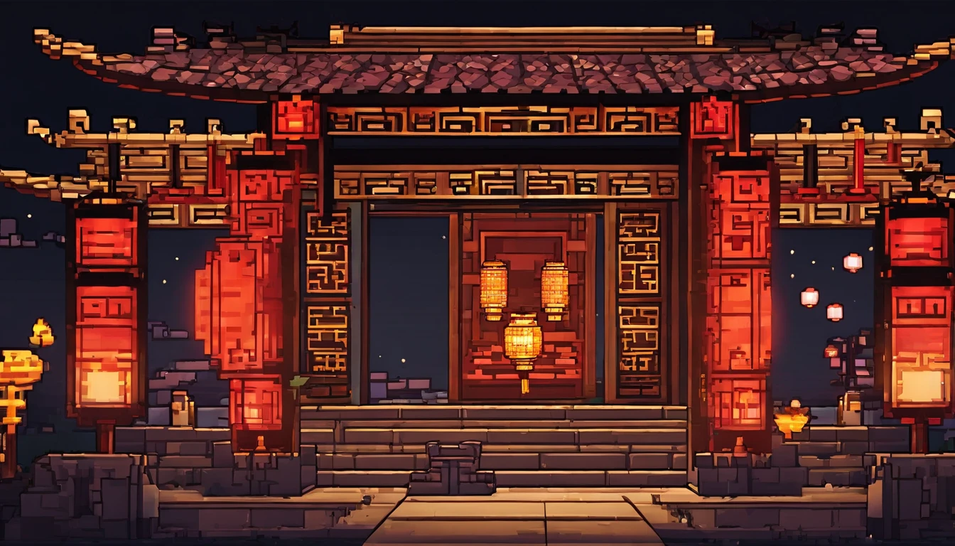 the night,Full moon in the sky,Ancient Chinese architecture,Lanterns are hung all over