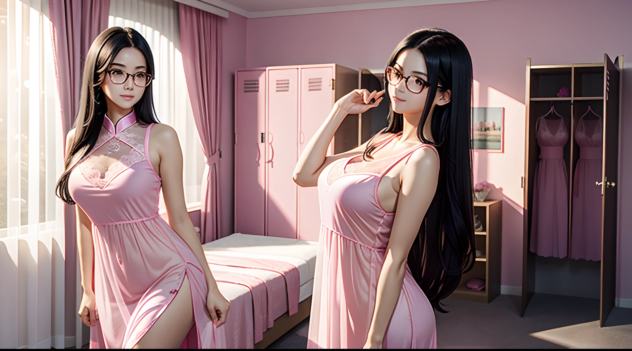 Women's locker room, musuclar,  a little bit thin, long black hair, with glasses, 4k, high res, high resolution, masterpiece, Chinese,tall, 180cm tall, woman curve, White skin, Bigboobs, Big buttocks, The peeper's angle, Transparent pink lace nightdress, Pink halo, Pink light, Pink curtains, The pink room is furnished with pink furniture