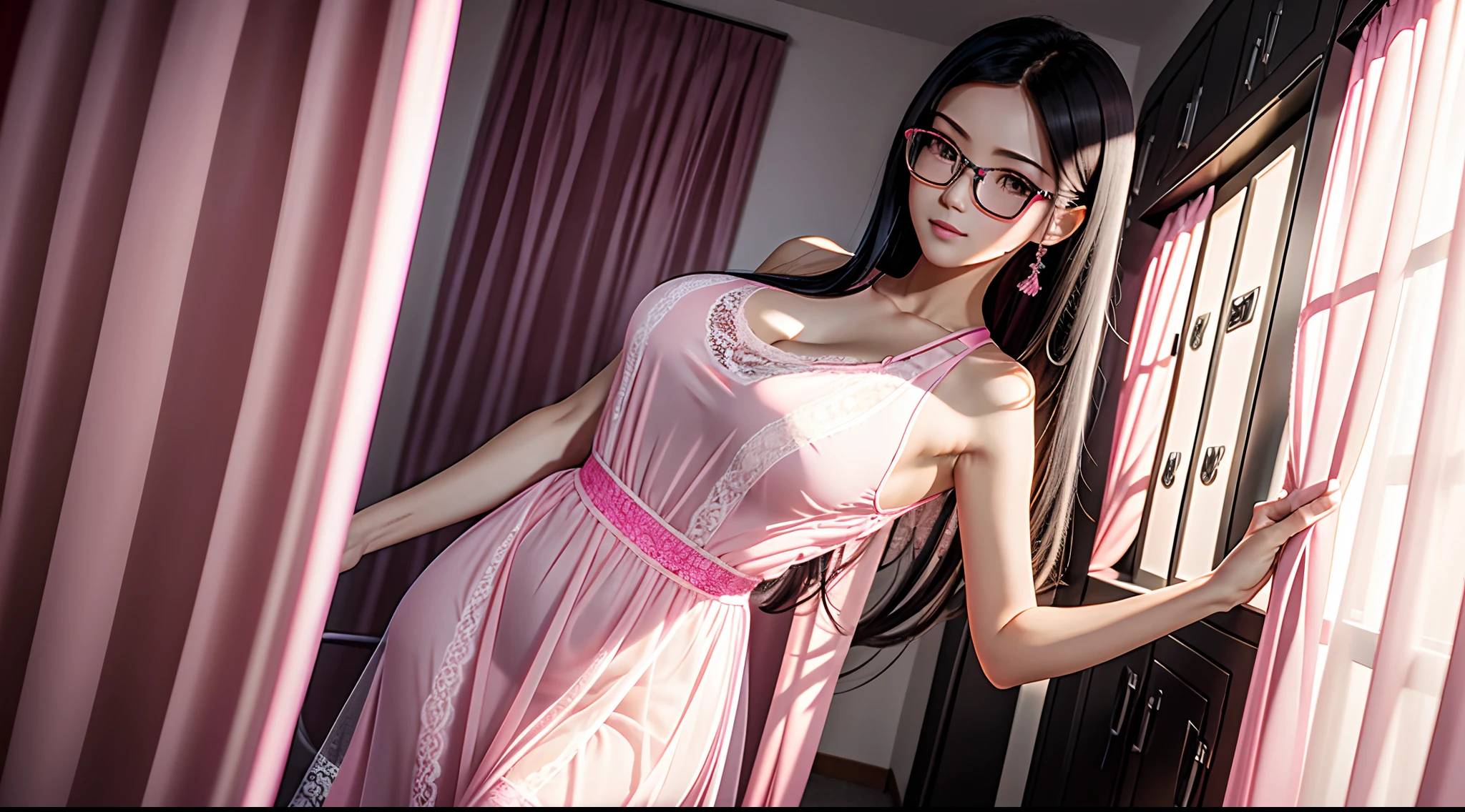 Women's locker room, musuclar,  a little bit thin, long black hair, with glasses, 4k, high res, high resolution, masterpiece, Chinese,tall, 180cm tall, woman curve, White skin, Bigboobs, Big buttocks, The peeper's angle, Transparent pink lace nightdress, Pink halo, Pink light, Pink curtains, The pink room is furnished with pink furniture