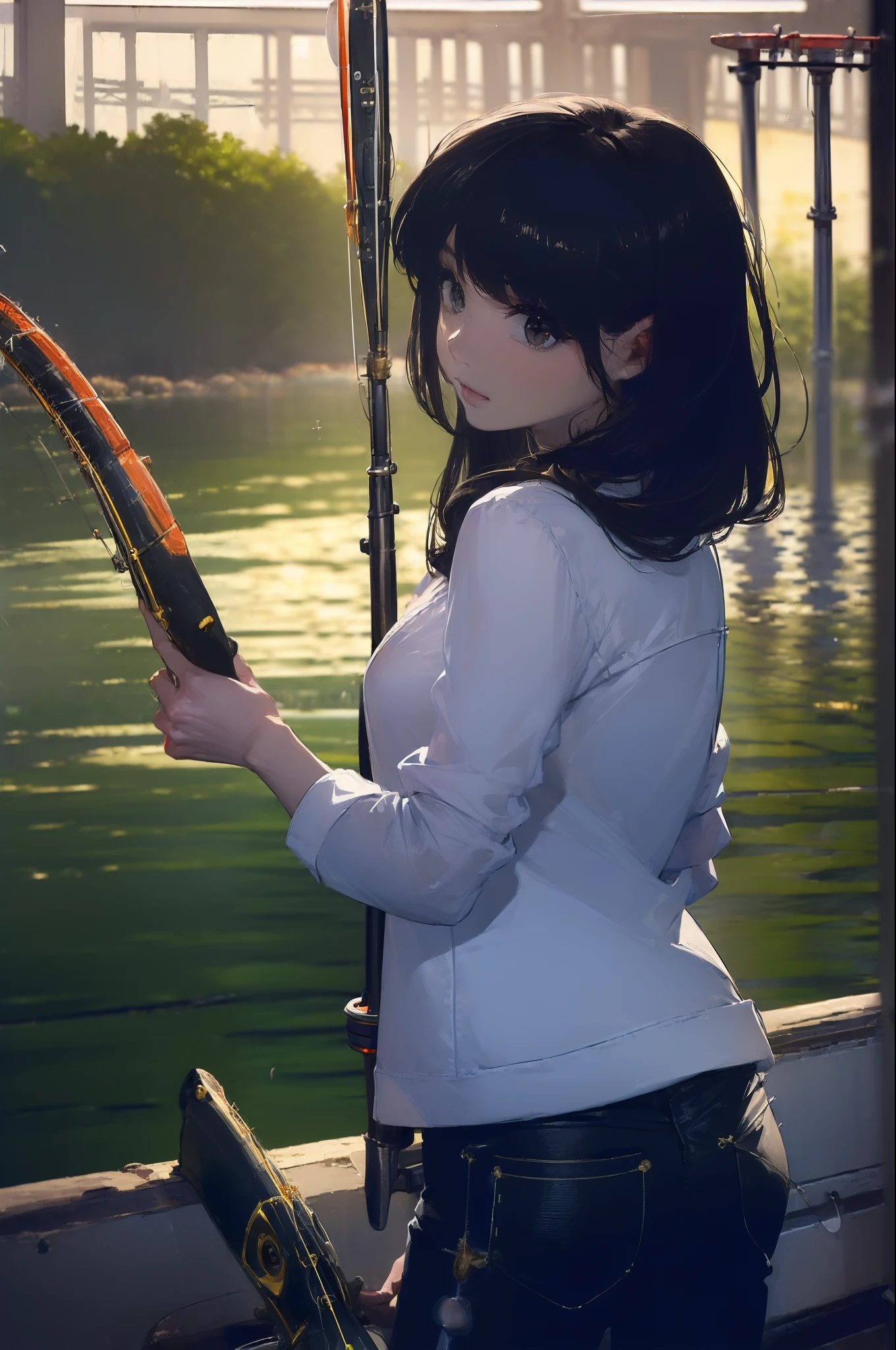 ((((Have fishing rod with a reel:1.5)))),((Female 28 years old)),((Best Quality:1.5)),(((Hands with the correct number and structure of fingers:1.4))),((lakeside:1.37)),hight resolution,ultra-detailliert,masterpiece,best qualtiy,(Eight-headed body),Black hair, long eyeslashes, Solid Circle Eyes, drop shadow, Atmospheric perspective,Super Detail, ccurate, small brest,(Black jacket and black jeans :1.1),top-quality, blurry backround, bokeh dof:1.2, (masterpiece:1.3), Atmospheric perspective,Super Detail,dynamic compositions, Ultra High Quality,