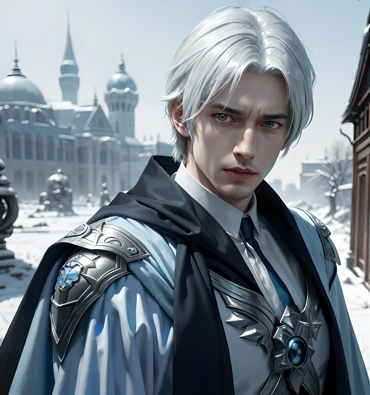 1 young man, white hair and blue dress and blue cape, androgynous noble, delicate androgynous, handsome, royal elegant pose, 1man, stern look, 6th Century catastrophe, post-apocalypse, solo focus, adult, pale and young adult face, palace, realistic, dynamic pose realistic, detailed and correct facial structure, frost ornaments, LEON S. KENNEDY, cinematic lighting, unreal engine, trending on ArtStation, intricate details, masterpiece, best quality, by Irakli Nadar, Greg Rutkowski，(((best quality))),(((ultra detailed))),(((masterpiece)))