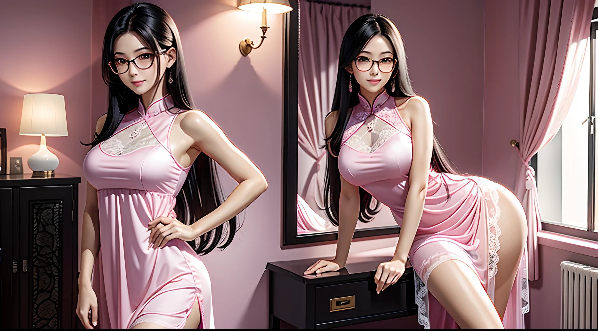 Women's locker room, musuclar,  a little bit thin, long black hair, with glasses, 4k, high res, high resolution, masterpiece, Chinese,tall, 180cm tall, woman curve, White skin, Bigboobs, Big buttocks, The peeper's angle, Transparent pink lace nightdress, Pink halo, Pink light, Pink curtains, The pink room is furnished with pink furniture