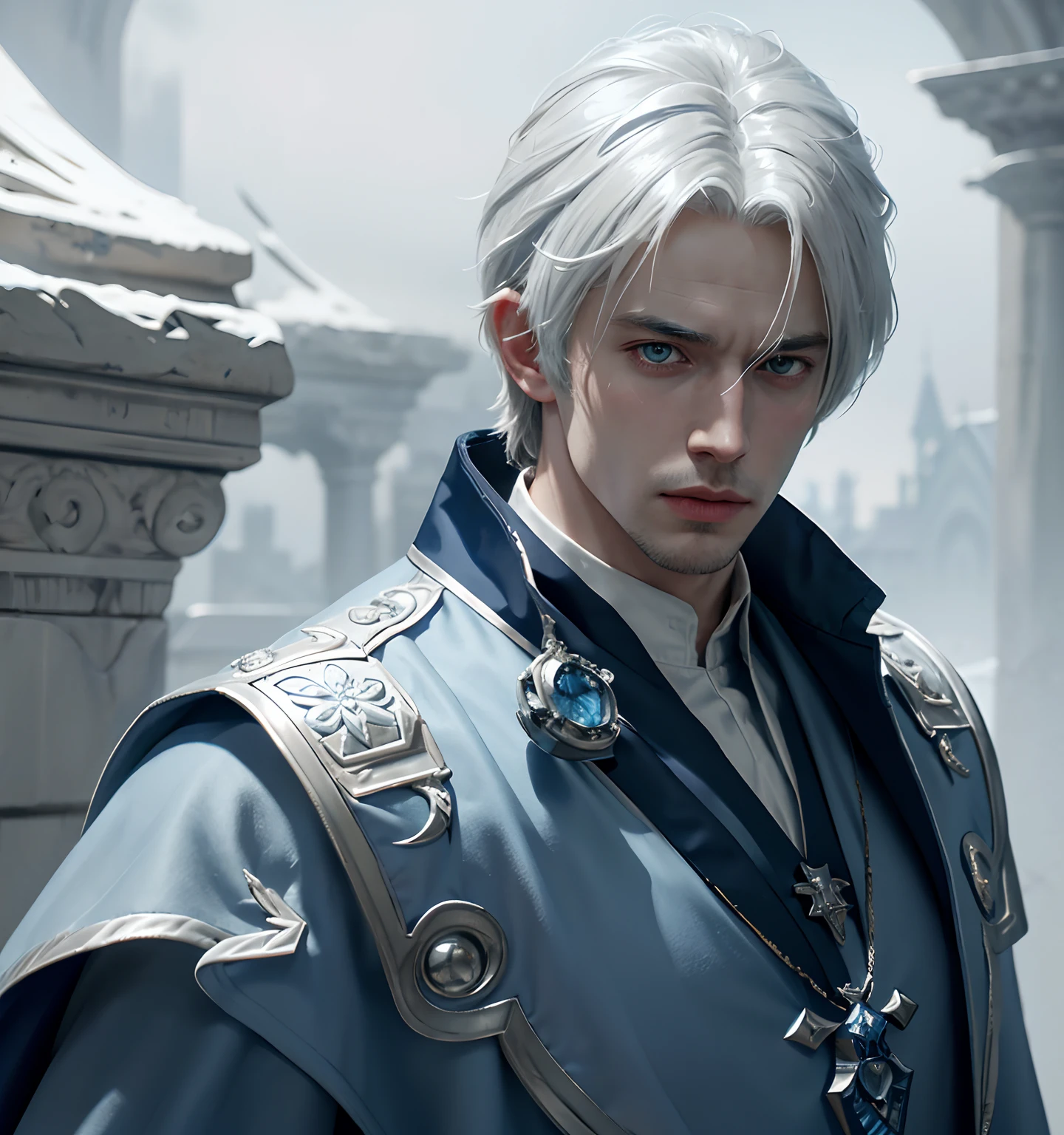 ****ung man, white hair and blue dress and blue cape, androgynous noble, delicate androgynous, handsome, royal elegant pose, 1man, stern look, 6th Century catastrophe, post-apocalypse, solo focus, adult, pale and young adult face, palace, realistic, dynamic pose realistic, detailed and correct facial structure, frost ornaments, LEON S. KENNEDY, cinematic lighting, unreal engine, trending on ArtStation, intricate details, masterpiece, best quality, by Irakli Nadar, Greg Rutkowski，(((best quality))),(((ultra detailed))),(((masterpiece)))