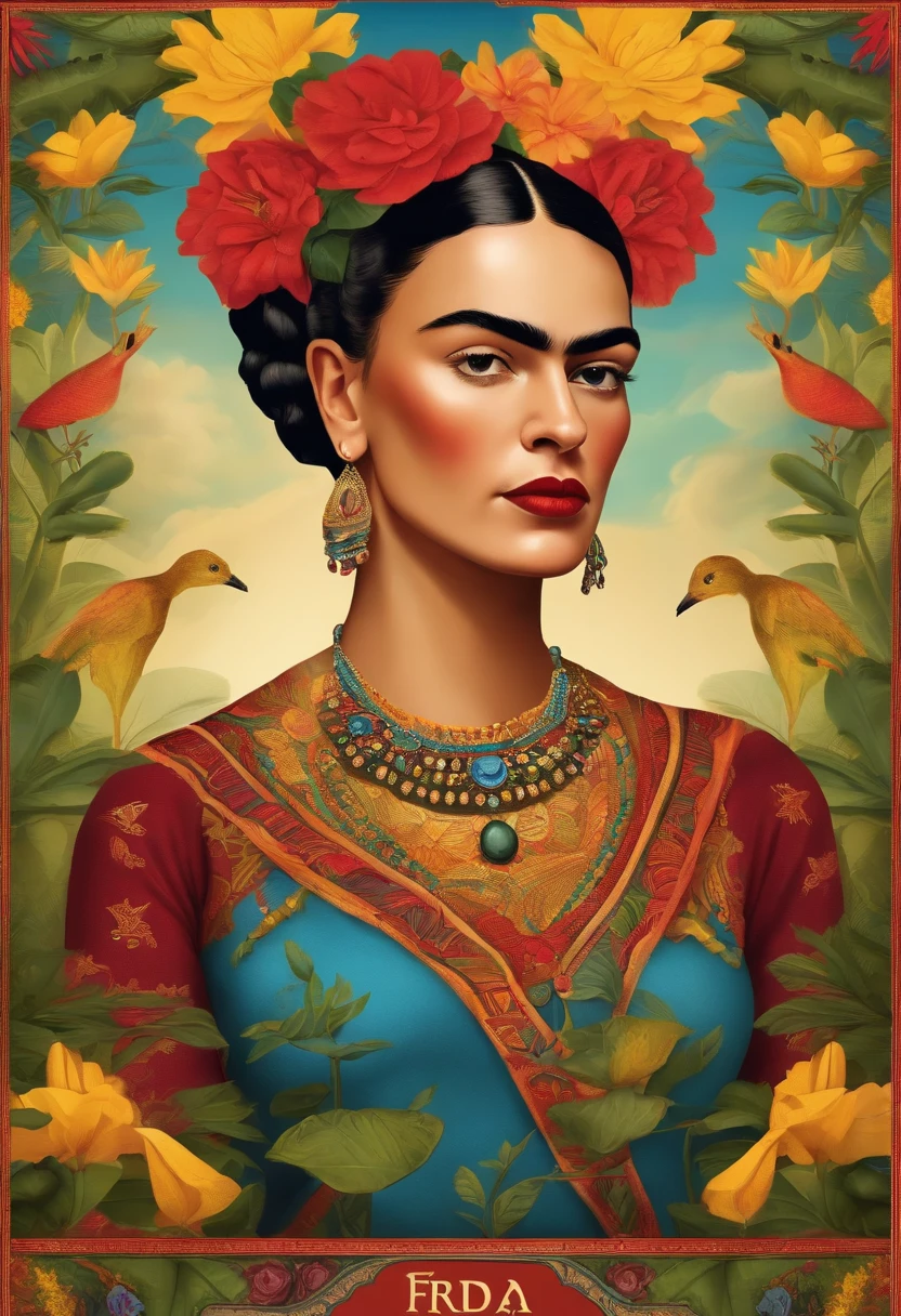 Can you illustrate a tarot card with Frida Kahlo and make her seem like a goddess