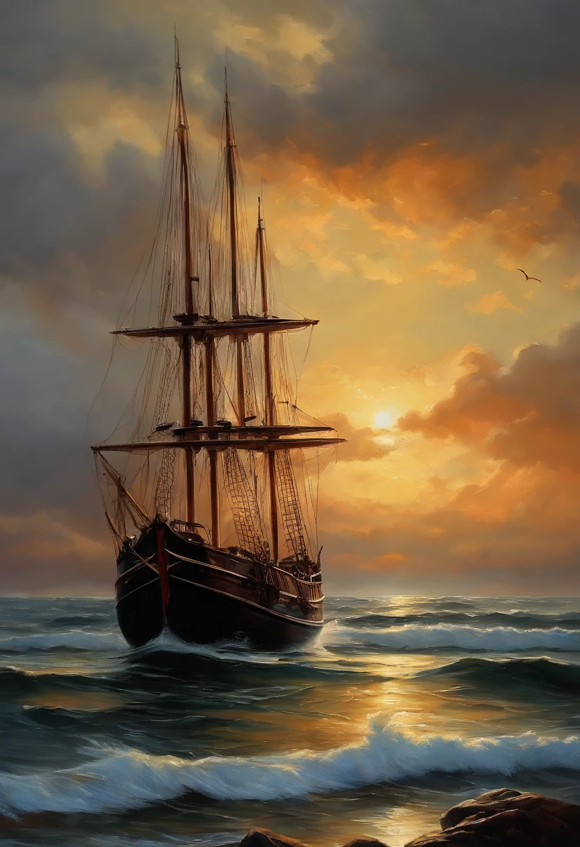 Real picture((Oil paints ))Landscape painting,acrycle painting,Brush strokes,With unparalleled realism,ultrawide,ominous skies,Sail ships,Wooden boats,Lotus,Huge waves,Starry night,Harry Potter,voluminetric lighting,Clearing,Realistic,james gurney,art stations,((Paint with oil painting))