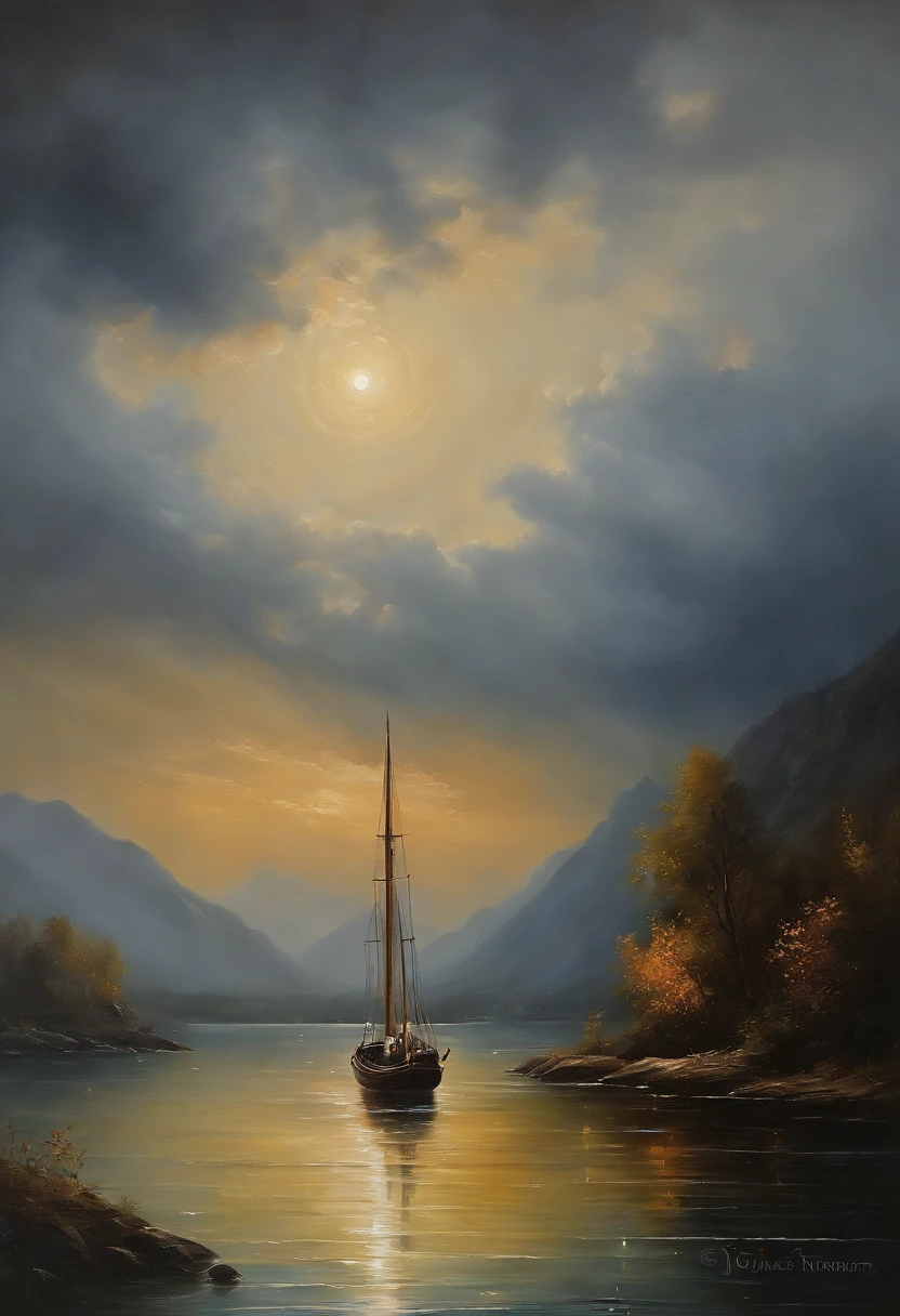 Real picture（（Oil paints ））Landscape painting,acrycle painting，Brush strokes，With unparalleled realism,ultrawide,ominous skies,Sail ships,Wooden boats,Lotus,Huge waves,Starry night,Harry Potter,voluminetric lighting,Clearing,Realistic,james gurney,art  stations，（（Paint with oil painting））