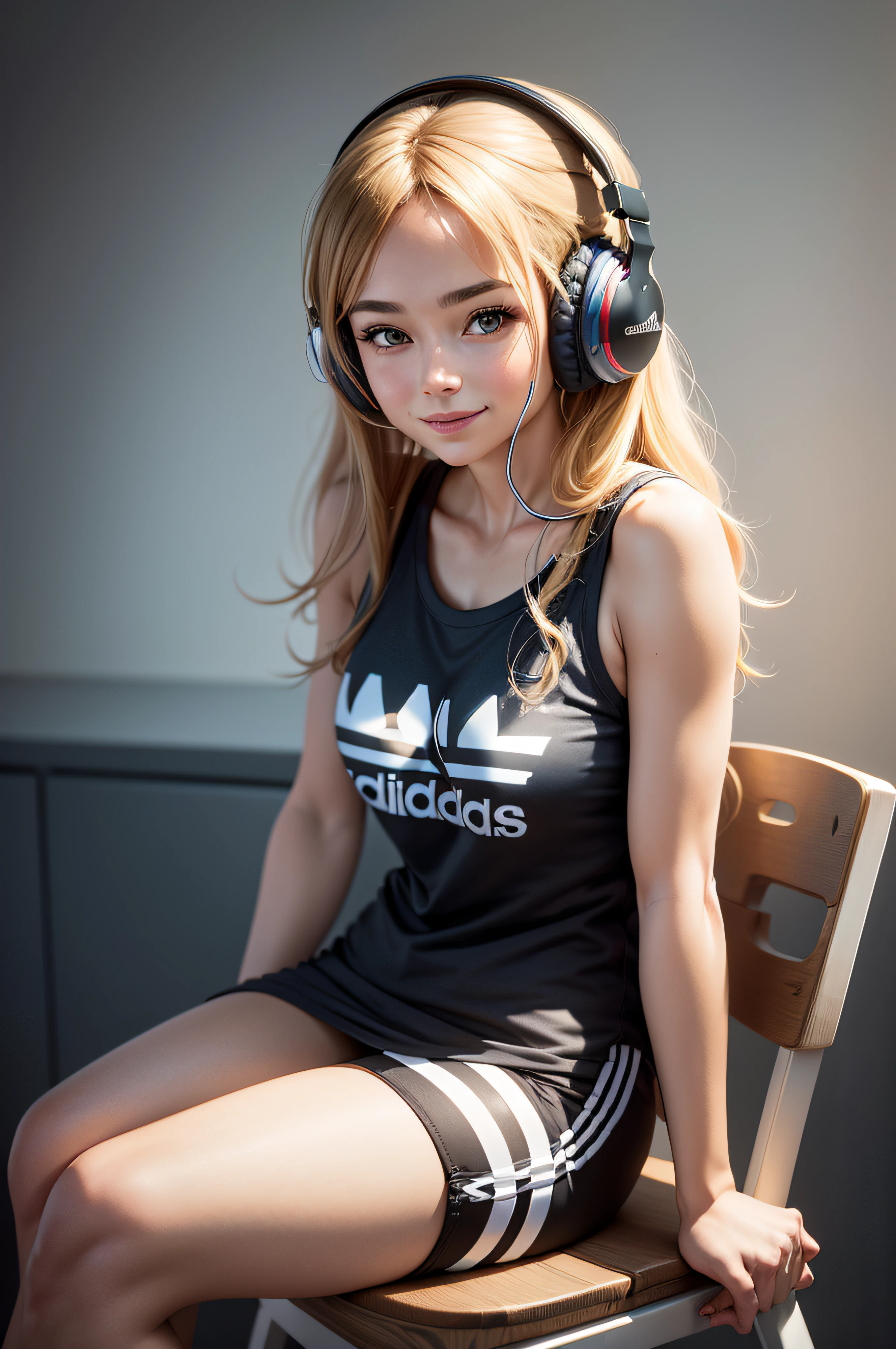 there is a happy woman sitting on a stool with headphones on, featured on reddit, hyperrealism, wearing adidas clothing, candid portrait photo, photo from a promo shoot, candid portrait, high quality portrait, mid shot portrait, wearing headphones, wearing a muscle tee shirt, girl wearing headphones