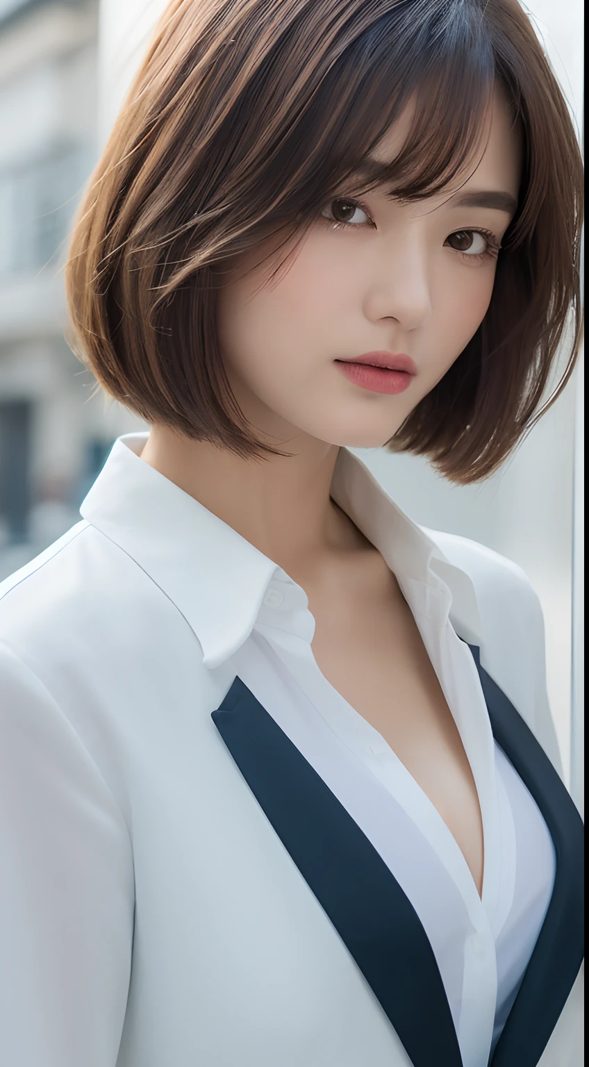 ((Best quality, 8k, Masterpiece :1.3)), Sharp focus :1.2, A pretty woman with perfect figure :1.4, Slender abs :1.2, ((Layered haircut, Big breasts :1.2)), (Blazer over very thin white button up shirt :1.1), City street:1.2, Highly detailed face and skin texture, Detailed eyes, Double eyelid