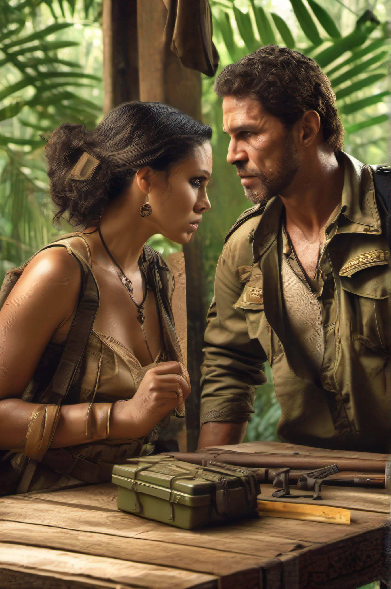 Amazon rainforest, cabin, dirty safari clothes, 1 strong Brazilian man, 1 ugly Brazilian man, 1 beautiful Brazilian woman, safari clothes, weapons, pistols, sitting at a table, three small glasses, map on the wall, suspicious, high definition details, high resolution, dramatic lighting, hyperrealistic.
