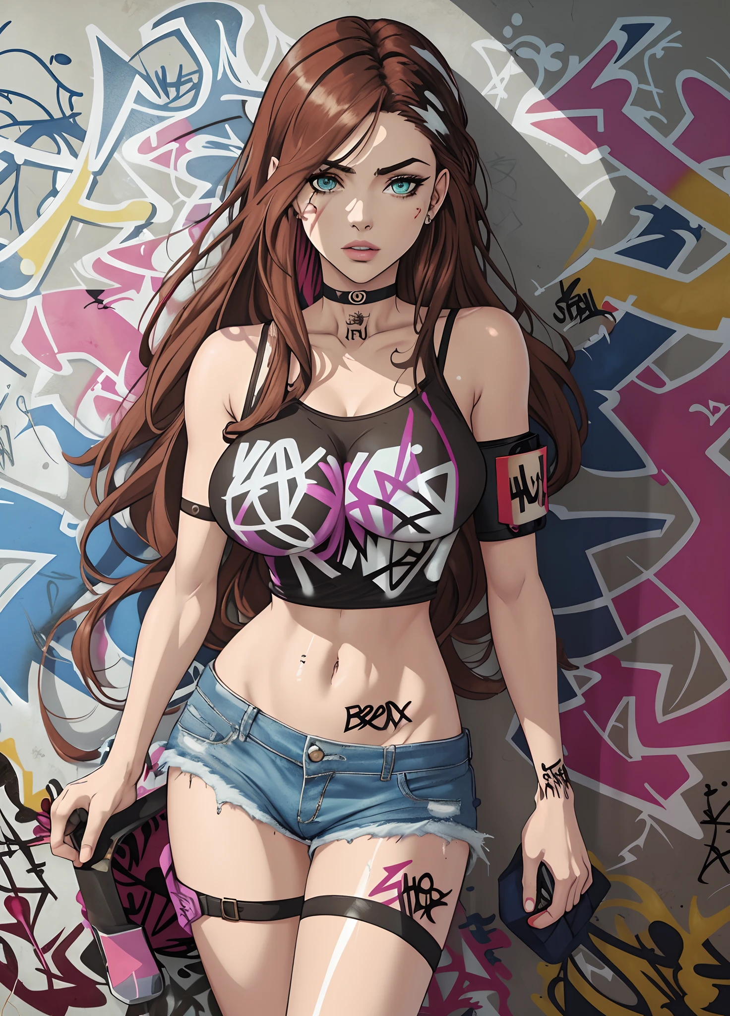 masterpiece, best quality, 25 years old beautiful woman, long hair, brown hair, (mature face:1.4), 1woman, solo, crop top, denim shorts, choker, (graffiti:1.5), paint splatter, arms behind back, against wall, looking at viewer, armband, thigh strap, paint on body, head tilt, bored, multicolored hair, aqua eyes, headset,