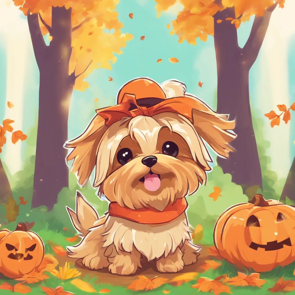 Cute long-haired Yorkshire terrier is happily playing in Halloween costume in the forest。Soft light shines in the autumn forest。