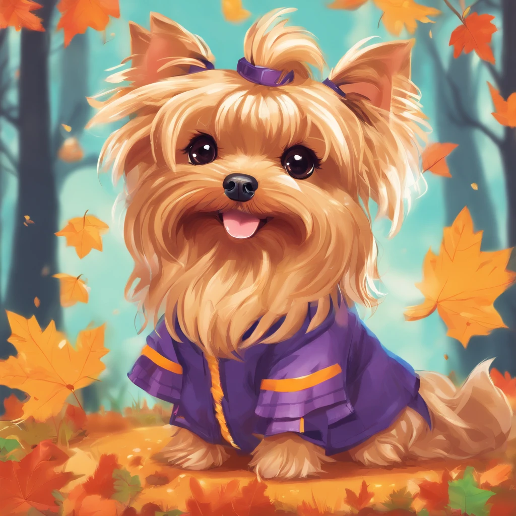 Cute long-haired Yorkshire terrier is happily playing in Halloween costume in the forest。Soft light shines in the autumn forest。