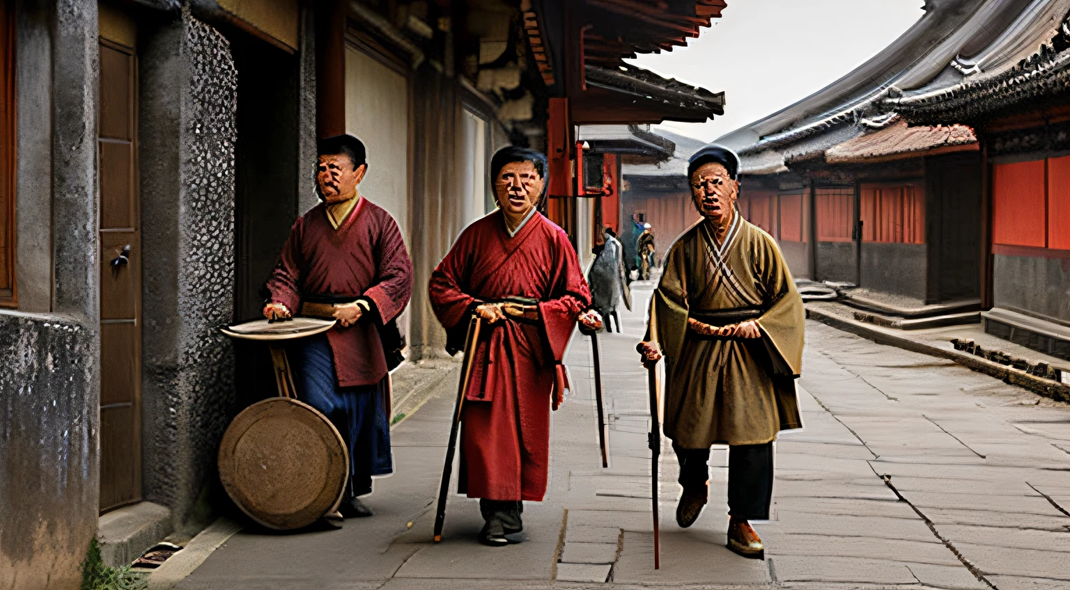 A group of ancient Chinese peasants on the street