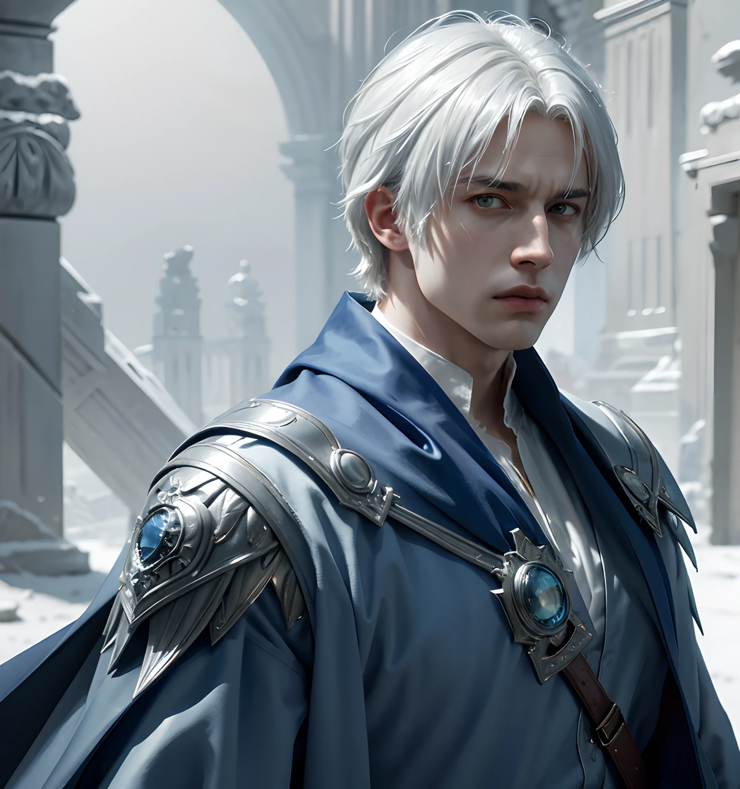 ****ung man, white hair and blue dress and blue cape, androgynous noble, delicate androgynous, handsome, royal elegant pose, 1man, stern look, 6th Century catastrophe, post-apocalypse, solo focus, adult, pale and young adult face, palace, realistic, dynamic pose realistic, detailed and correct facial structure, frost ornaments, LEON S. KENNEDY, cinematic lighting, unreal engine, trending on ArtStation, intricate details, masterpiece, best quality, by Irakli Nadar, Greg Rutkowski，(((best quality))),(((ultra detailed))),(((masterpiece)))