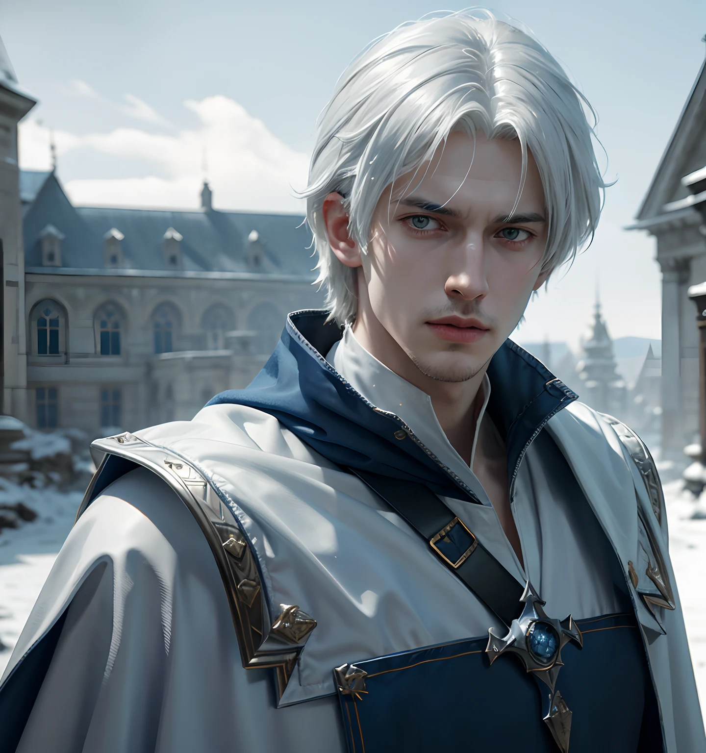 ****ung man, white hair and blue dress and blue cape, androgynous noble, delicate androgynous, handsome, royal elegant pose, 1man, stern look, 6th Century catastrophe, post-apocalypse, solo focus, adult, pale and young adult face, palace, realistic, dynamic pose realistic, detailed and correct facial structure, frost ornaments, LEON S. KENNEDY, cinematic lighting, unreal engine, trending on ArtStation, intricate details, masterpiece, best quality, by Irakli Nadar, Greg Rutkowski，(((best quality))),(((ultra detailed))),(((masterpiece)))