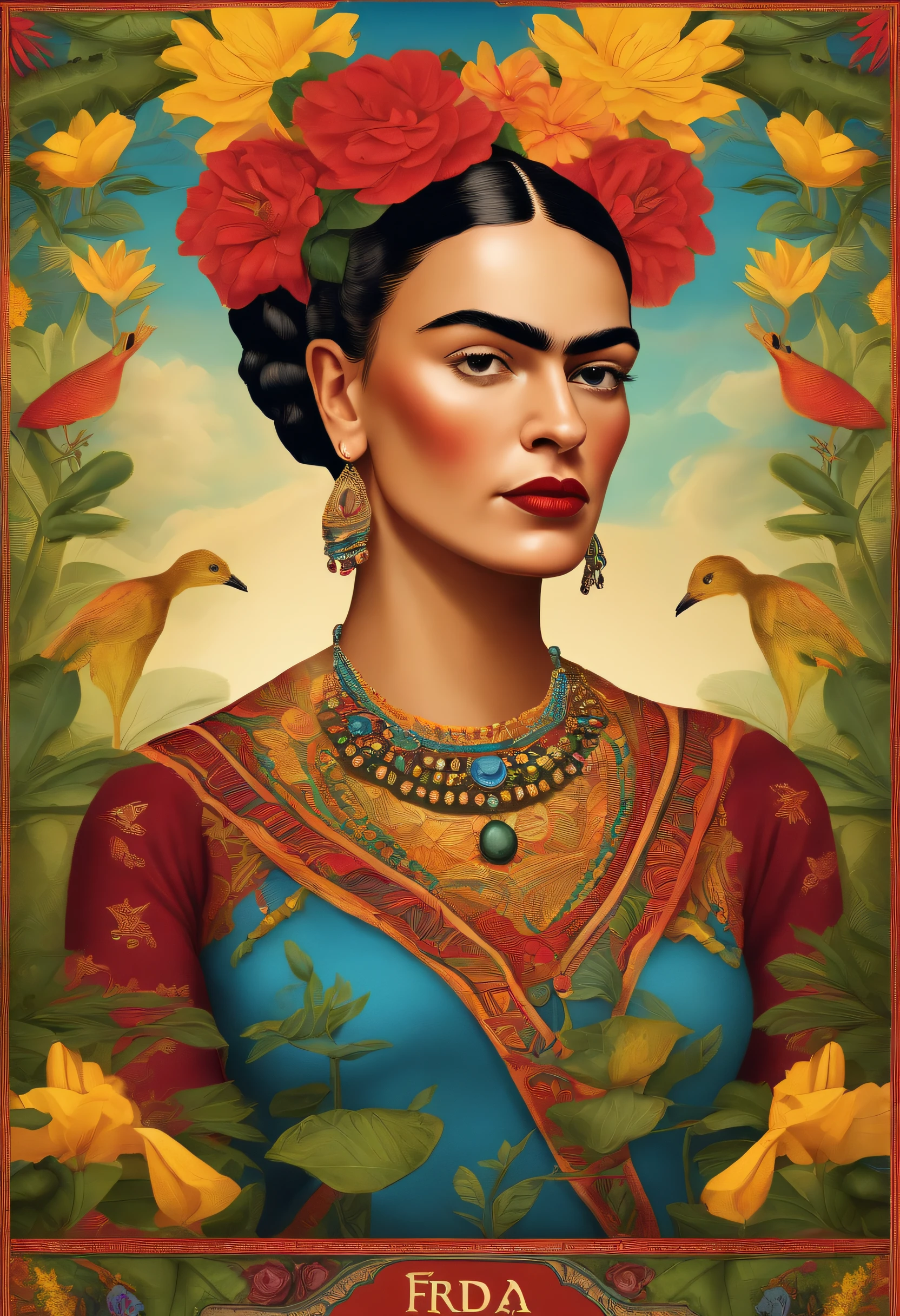Can you illustrate a tarot card with Frida Kahlo and make her seem like a goddess