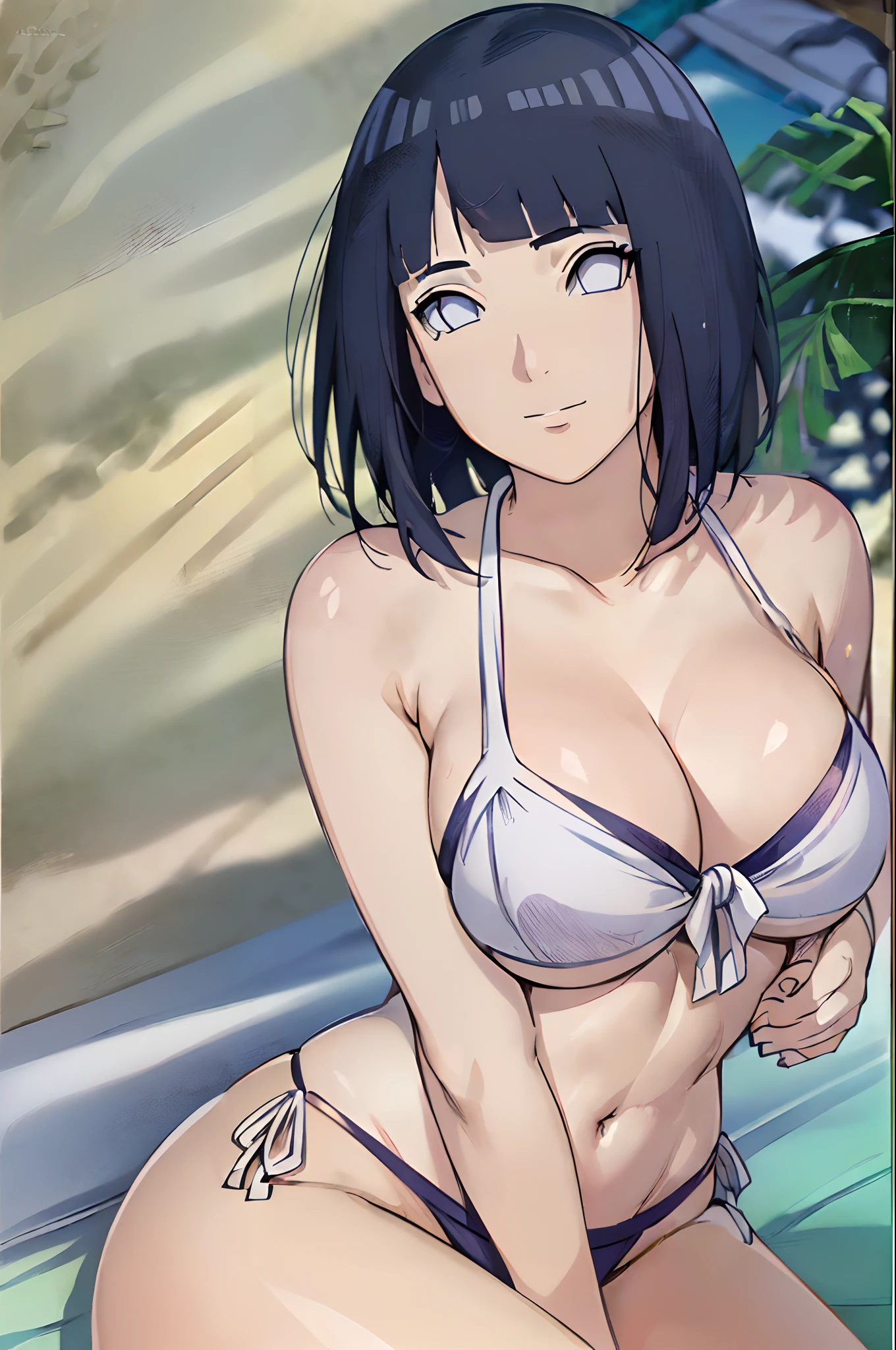 (WALLPAPER, epic style, ((scene inside photo frame, framed photo, photograph)), (hinata\(boruto\), (((conservative bikini))), masterpiece, 4k, vector coloring, whole body shot, (high color saturation), contrast lighting, mature female, (curvy:0.8), solo, anime style, sharp focus, professional artwork, intricate details, colorful, vibrant colors, vivid colors, digital blending, ultra detailed body, ultra detail hair, ultra detail face, trending on pixiv, very hot colors, (((beach background, outdoors))), detailed bold arm lines, high color saturation, bold lines, bold drawing lines),
((sexy pose)), (head tilt), closed mouth, kind smile, cute look, cute, cute face),
((dark blue hair color:1.1), wavy hair, ((short hair, hime cut)),
(perfect eyes, white sciera, bright eyes, white eyes, anime eyes, smoky eyeliner, eyeshadow)
(white skin, (fair skin), slender body, milf, perfect face),
(legs, big breasts, off-shoulders, (detailed shoulders, detailed arm lines, little biceps lines)),
(bare shoulders, bare legs, (both hands on boobs),