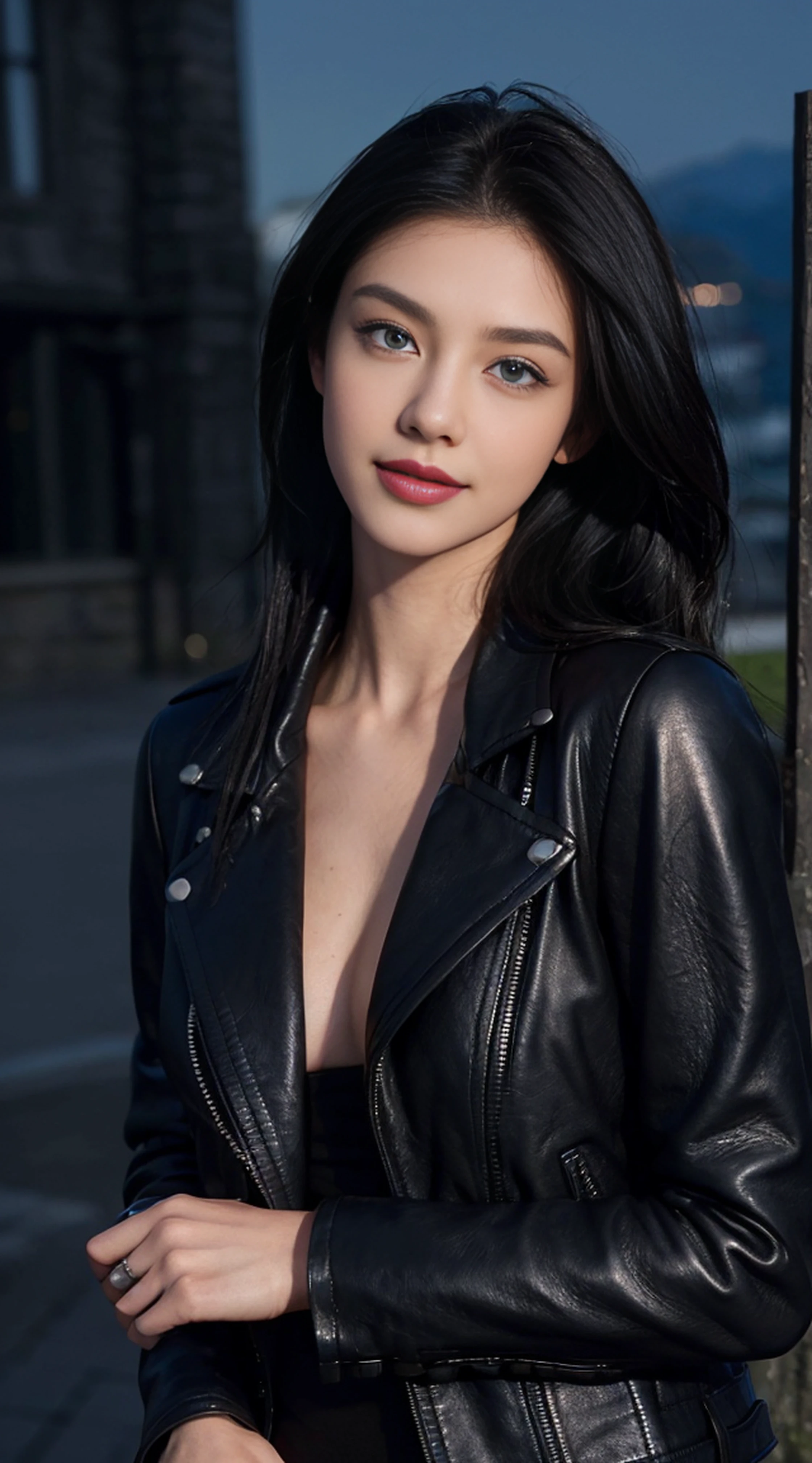 8K, Top Quality, Intricate Details, Ultra Detail, Ultra High Resolution, Masterpiece, random angle, Slender, Smile, (Makeup: 0.4), (Fluffy Blue Eyes: 1.21), blue Eyes, looking at viewer, ((full body)), 1girl, solo, 1 girl, (( full body)), close up shot, , ((tall)), (((fit body))), (((slim face))), sharp face, sharp eyes, (((black hair, long hair, )) (detailed face), sharp face, small lips,
((leather jacket, naked)), detailed face, detailed breast, , large breast, detail ass, , Beautiful girl with accentuated slender abs: 1.4, Six Pack Abs: 1.4, Bust Botox, Big, Perfect Body, detail leg, (( moonlight)), top of mountain