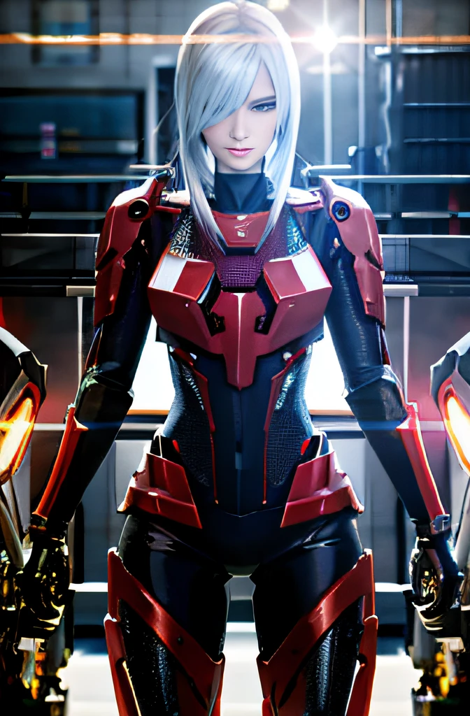 Machinary，femele，Raised sexy，True mechanical texture，tmasterpiece，best qualtiy，cinematic colorgrade，high detal，realisticlying，lens flare glow，Fiber tracing，At heavy machinery plants，fighter jets