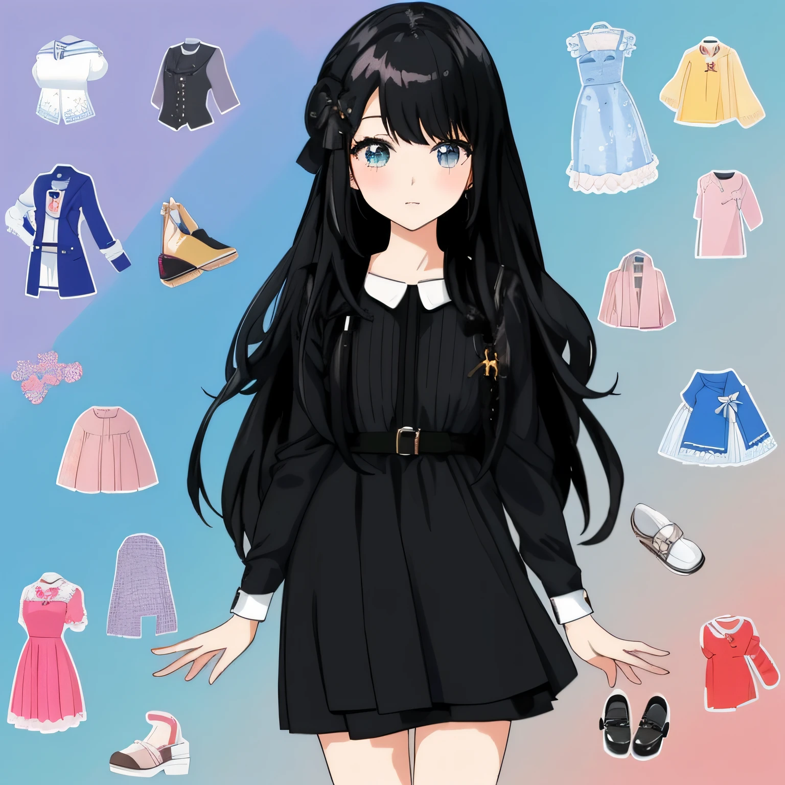 a close up of a person with a dress and a bunch of clothes, my dress up darling anime, anime girl wearing a black dress, cute anime waifu in a nice dress, cute anime style, anime visual of a cute girl, anime vtuber full body model, her wardrobe is attractive, loli in dress, anime moe artstyle, magical school student uniform