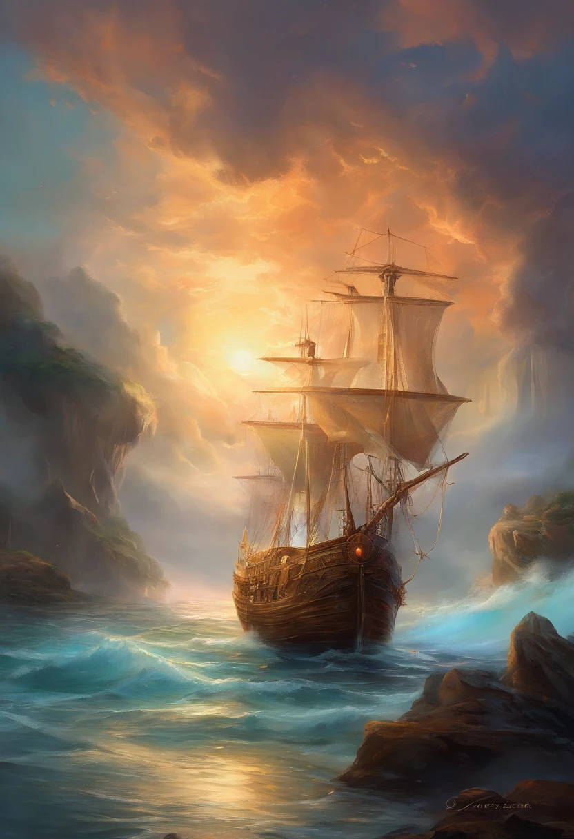Real picture（（Oil paints ））Landscape painting,acrycle painting，Brush strokes，With unparalleled realism,ultrawide,ominous skies,Sail ships,Wooden boats,Lotus,Huge waves,Starry night,Harry Potter,voluminetric lighting,Clearing,Realistic,james gurney,art  stations，（（Paint with oil painting））