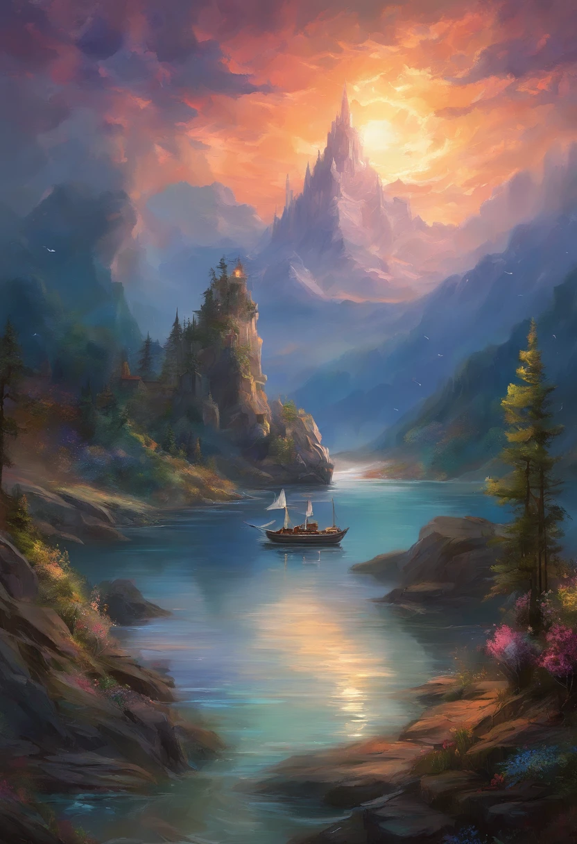 Real picture((Oil paints ))Landscape painting,acrycle painting,Brush strokes,With unparalleled realism,ultrawide,ominous skies,Sail ships,Wooden boats,Lotus,Huge waves,Starry night,Harry Potter,voluminetric lighting,Clearing,Realistic,james gurney,art stations,((Paint with oil painting))