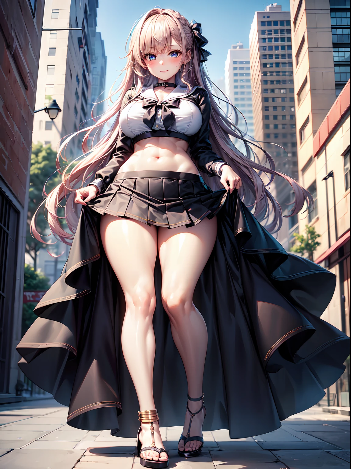 (masterpiece:1.3), (Best Quality:1.3), (ultra-detailed:1.3), (Sharp Focus:1.2), (From below), 1girl, solo, (Beautiful Women in Perfect Figure: 1.4), The most detailed skin, (thick lines:1.2), (Beautiful Face Idol: 1.3), //, Sailor-collared crop top (with a ribbon at the bust), High-rise flare skirt (just above the knees), White ribbon anklets, Sandals with straps, //, large breasts, (Perfect Body Beauty:1.4), (Buttocks), Perfect eyes, Perfect iris, //, (sexual expression), smile, blush, //, Half-up with the rest being wavy long hair style, Golden Rose Pink hair color, (beautiful eyes), white-skinned, //, Bustling cityscape, buildings, people, and street trees visible