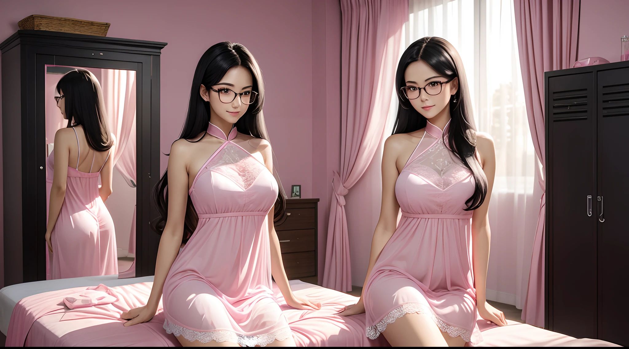 Women's locker room, musuclar, a little bit thin, long black hair, with glasses, 4k, high res, high resolution, masterpiece, Chinese,tall, 180cm tall, woman curve, White skin, Bigboobs, Big buttocks, The peeper's angle, Transparent pink lace nightdress, Pink halo, Pink light, Pink curtains, The pink room is furnished with pink furniture