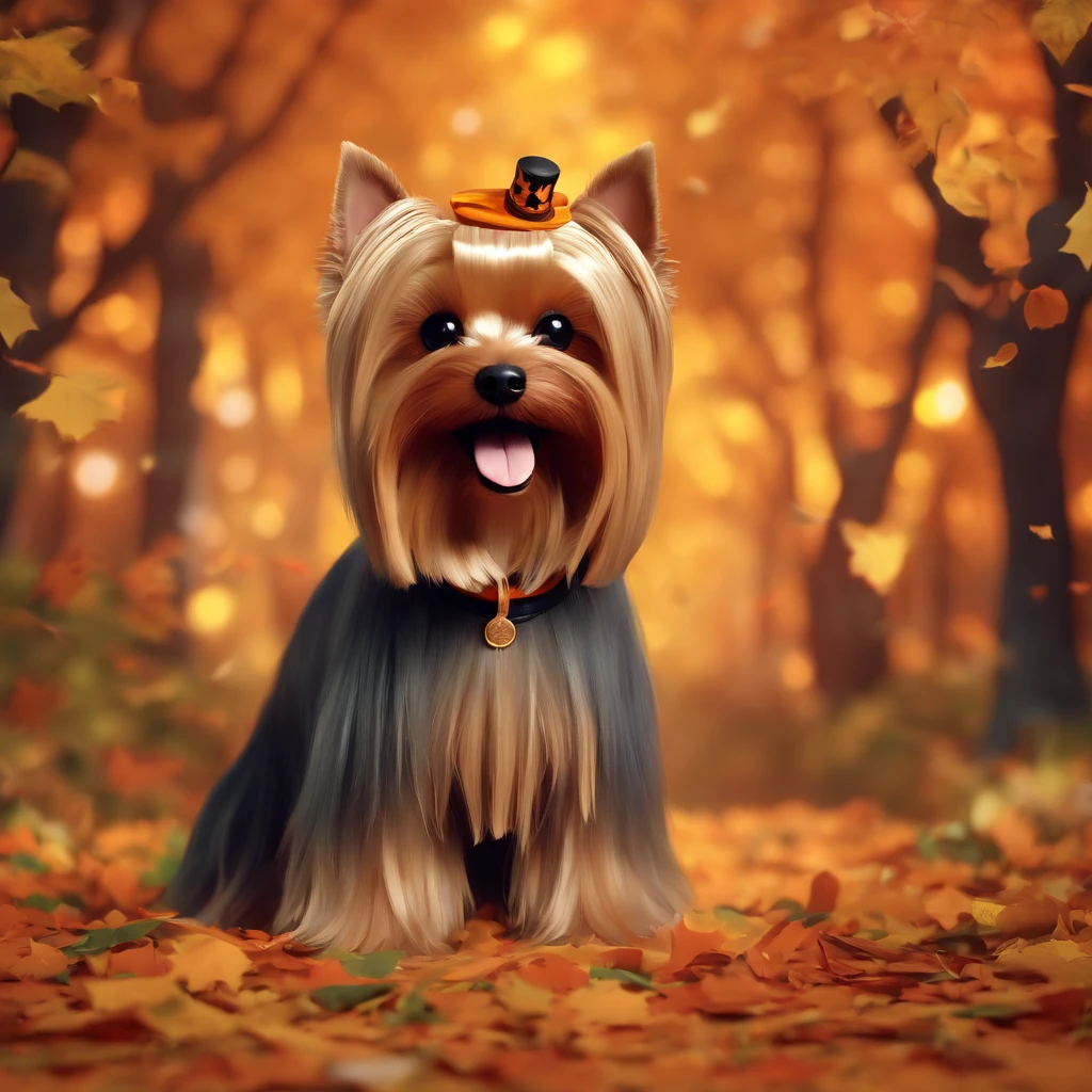 Cute long-haired Yorkshire terrier is happily playing in Halloween costume in the forest。Soft light shines in the autumn forest。