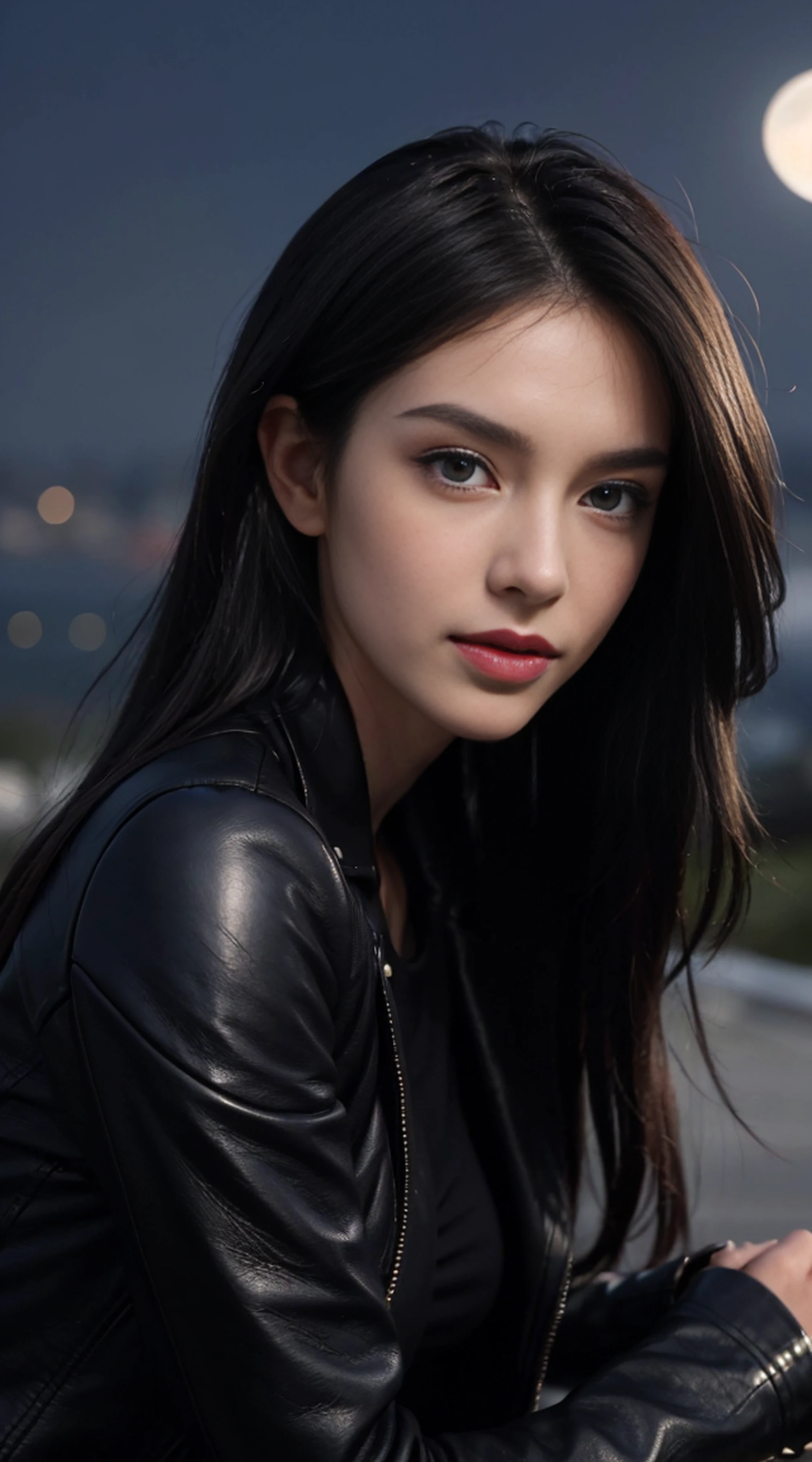 8K, Top Quality, Intricate Details, Ultra Detail, Ultra High Resolution, Masterpiece, random angle, Slender, Smile, (Makeup: 0.4), (Fluffy Blue Eyes: 1.21), blue Eyes, looking at viewer, ((full body)), 1girl, solo, 1 girl, (( full body)), close up shot, , ((tall)), (((fit body))), (((slim face))), sharp face, sharp eyes, (((black hair, long hair, )) (detailed face), sharp face, small lips,
((leather jacket, naked)), detailed face, detailed breast, , large breast, detail ass, , Beautiful girl with accentuated slender abs: 1.4, Six Pack Abs: 1.4, Bust Botox, Big, Perfect Body, detail leg, (( moonlight)), top of mountain
