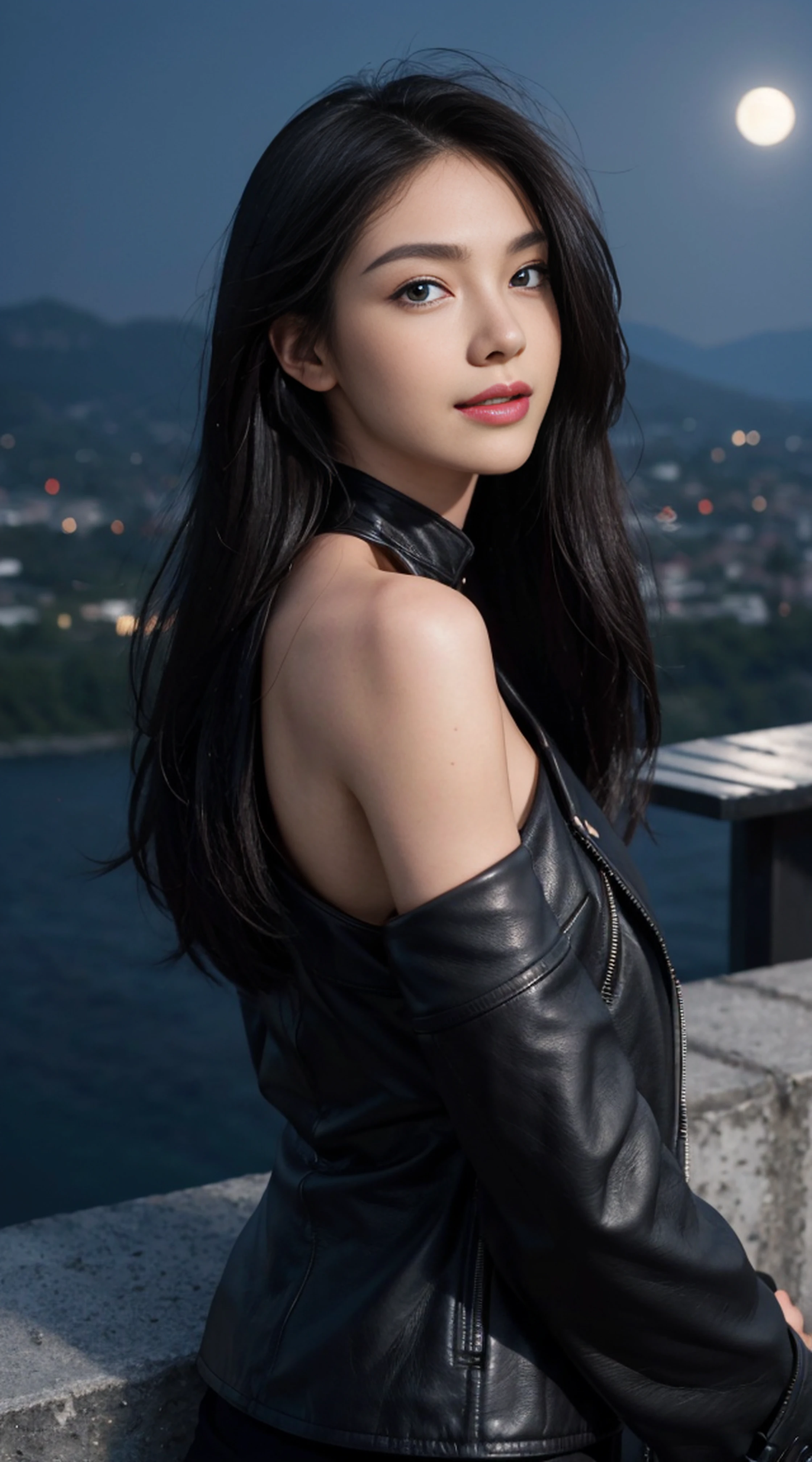 8K, Top Quality, Intricate Details, Ultra Detail, Ultra High Resolution, Masterpiece, random angle, Slender, Smile, (Makeup: 0.4), (Fluffy Blue Eyes: 1.21), blue Eyes, looking back, ((full body)), 1girl, solo, 1 girl, (( full body)), close up shot, , ((tall)), (((fit body))), (((slim face))), sharp face, sharp eyes, (((black hair, long hair, )) (detailed face), sharp face, small lips,
((leather jacket, naked)), detailed face, detailed breast, , large breast, detail ass, round ass , Beautiful girl with accentuated slender abs: 1.4, Six Pack Abs: 1.4, Bust Botox, Big, Perfect Body, detail leg, (( moonlight)), top of mountain