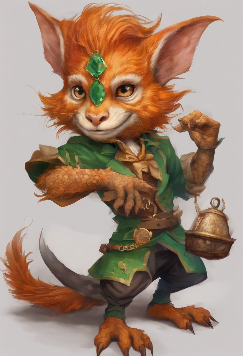(((by Zackary911, by Kenket, By Kilinah))), Solo Male, Bright orange skin, Orange scales, (((Leprechaun)), (Detailed kobold)) Wearing a red cape with a hood, Green gemstone on collar, Bandage thighs and bandage chest, muscular toned, Squirrel ears, Fairy Tail, Messy hair, Front view, looking at the observer with an embarrassed smile, Blush, holding dagger, Perspective, finely detailed paws,