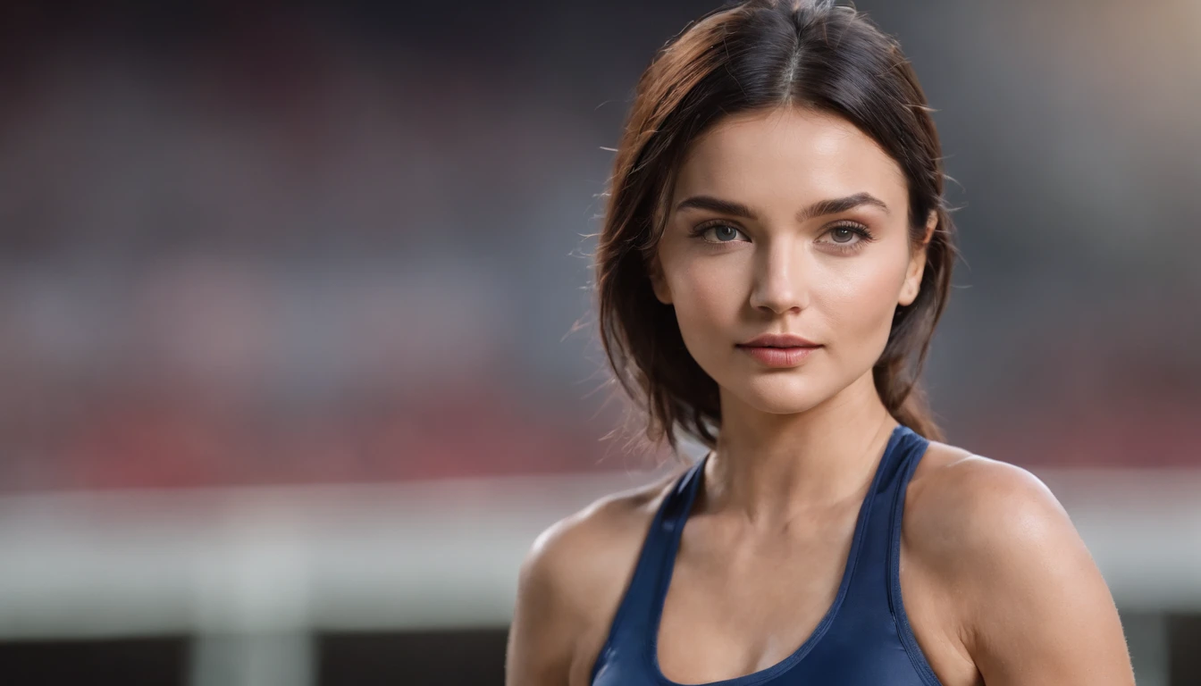 beautiful NAVY HAIR woman as football player wear NAVY SPORTS BRA and short, attractive woman, full body portrait, UHD, STADIUM WALLPAPER, STADIUM BACKGROUND, MIRANDA KERR, high detailed NAVY eyes, detailed, young woman, pretty girl long NAVY hair, attractive body, gorgeous, NAVY.