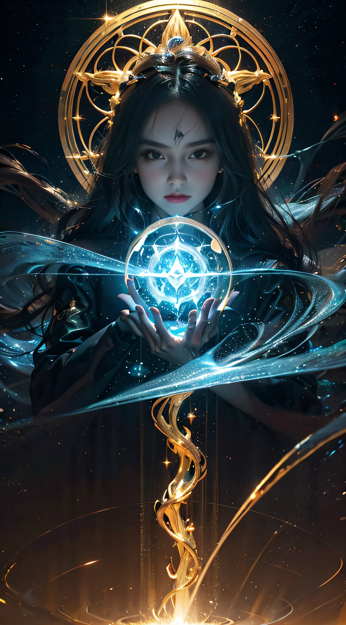 Sparkling giant water vortex with splashes and shiny giant magic crystals and magic circles in the center of the sci-fi logo, Sparkling splash black tiger，Big sparkling third eye and golden eye, Silver god made of diamond and gold metal, Complex shining lights，With platinum and diamond nest accessories, Black background, Green and red flames scurrying around, Glowing eyes, Lightning and lightning，Sparkle in the firelight, 8k detail