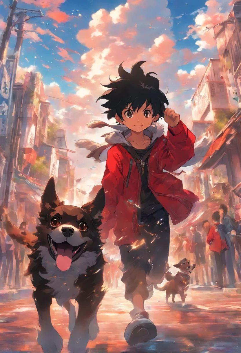 On the streets of blue sky and white clouds，A boy with black hair and red clothes leads a dog