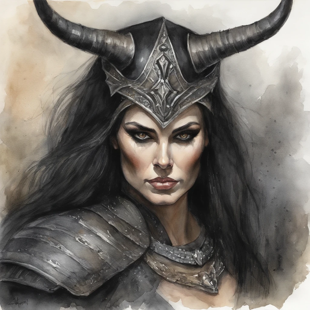 A dark female tieflin, Evil eyes, Wearing leather black armor, Dark silver, Pale and dark skin, Bright eyes, Intricate horns, Black hair flowing, Long hair, sport, Muscular, Hot, Malicious eyes, epic angle, Dark background, medieval fantasy, art by Alan Lee