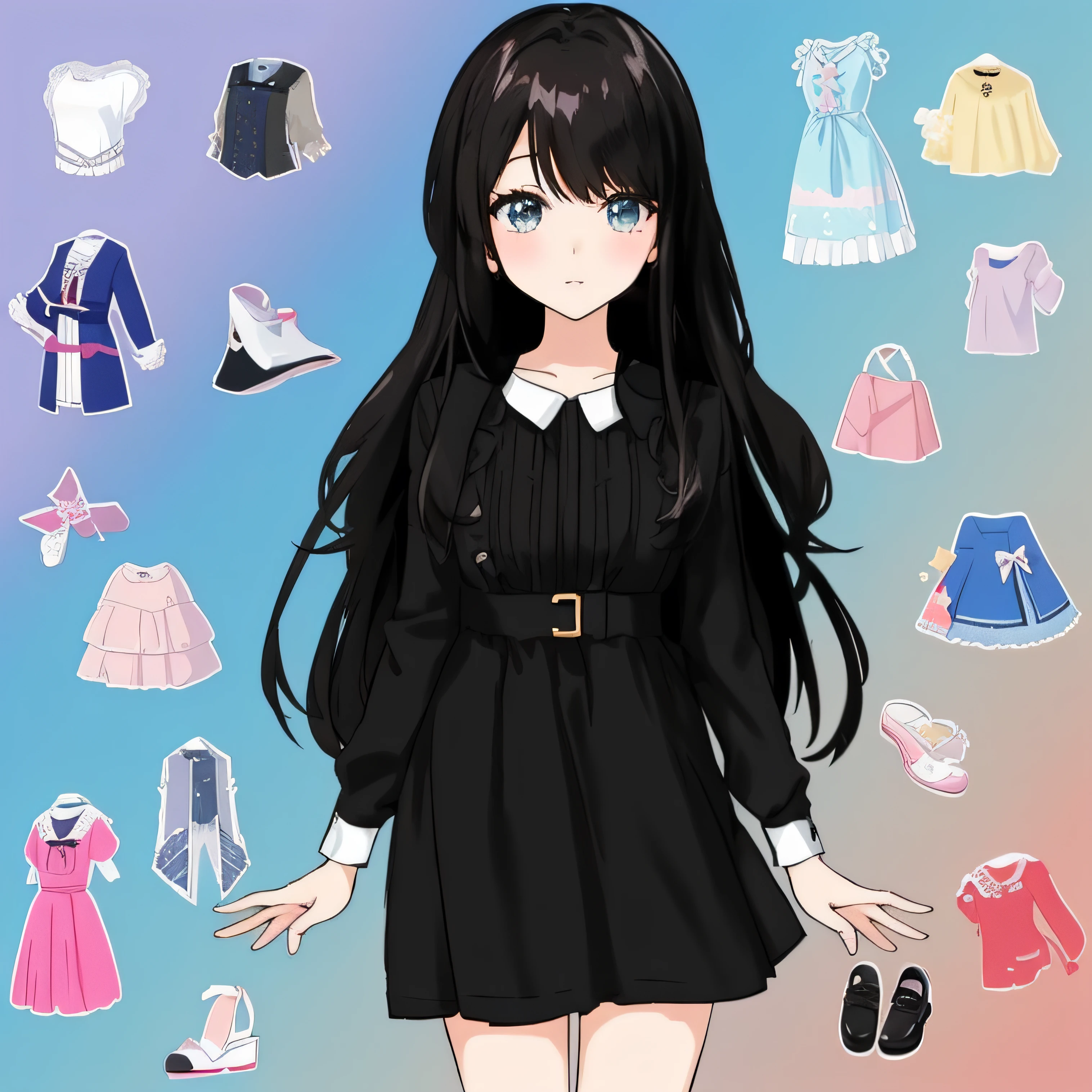 a close up of a person with a dress and a bunch of clothes, my dress up darling anime, anime girl wearing a black dress, cute anime waifu in a nice dress, cute anime style, anime visual of a cute girl, anime vtuber full body model, her wardrobe is attractive, in dress, anime moe artstyle, magical school student uniform