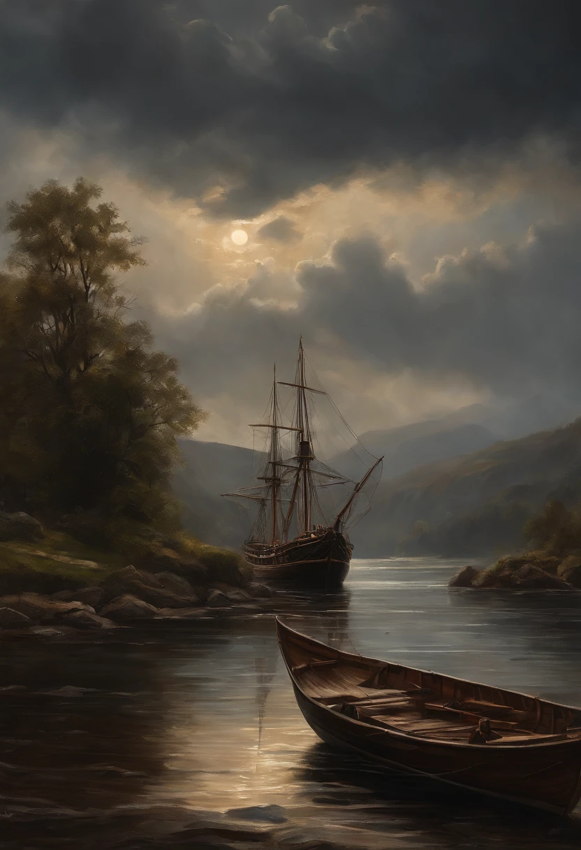 Real picture（（Oil paints ））Landscape painting,acrycle painting，Brush strokes，With unparalleled realism,ultrawide,ominous skies,Sail ships,Wooden boats,Lotus,Huge waves,Starry night,Harry Potter,voluminetric lighting,Clearing,Realistic,james gurney,art  stations，（（Paint with oil painting））