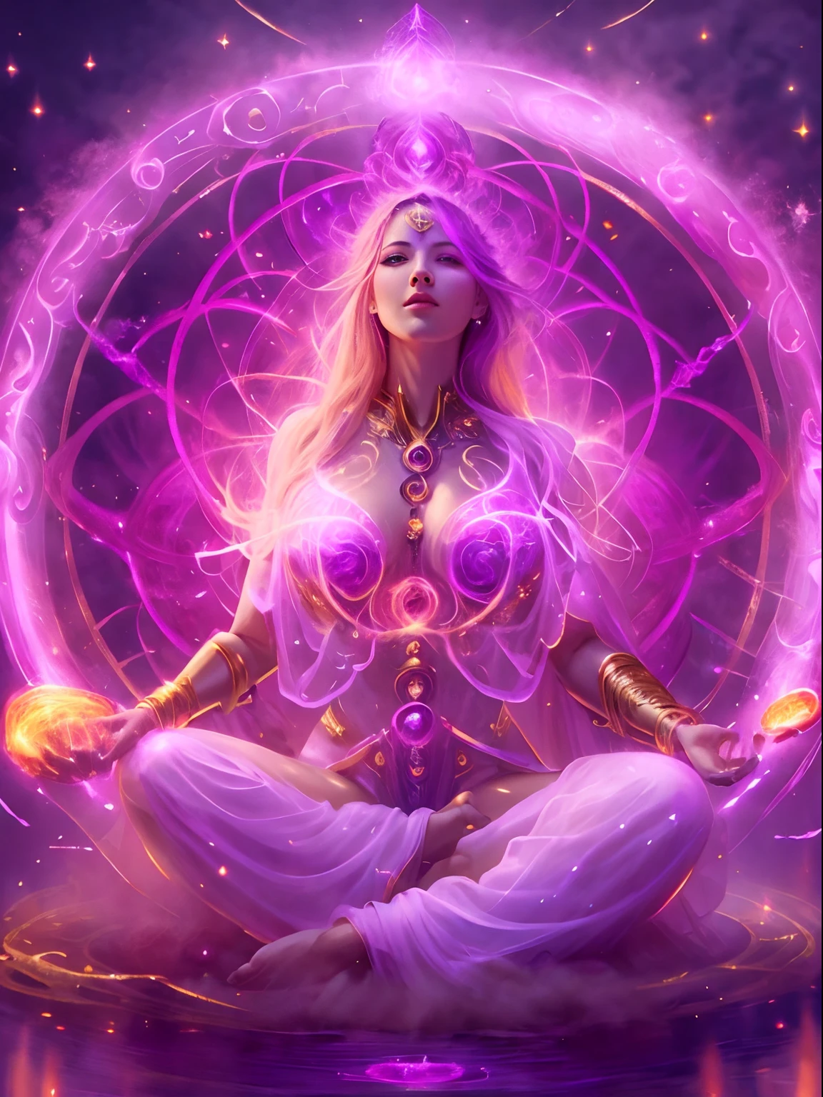 Immortal goddess, super beautiful, 8k, super big breasts, meditating, light white cloth covering part of her body, sitting cross-legged, golden glowing magic circle rotating behind her, magical magenta aura surrounding her parts, magical magenta flame, fantasy, milky way background, (4 elements, fire, water, wind, earth, surround it),