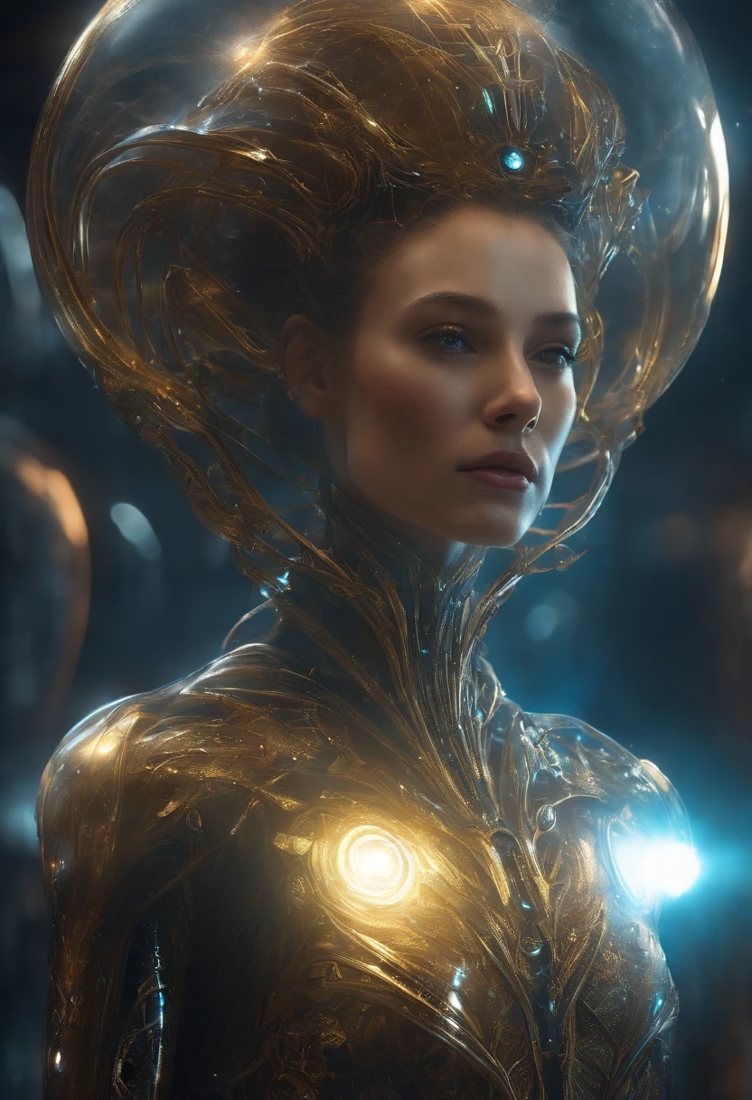 Van Terchall, Translucent ethereal alien with delicate features on a sci-fi setting, Shine from the inside out, Sparks and lights, do lado de fora, Lua, Close-up, Realistic, highly detailed, 复杂